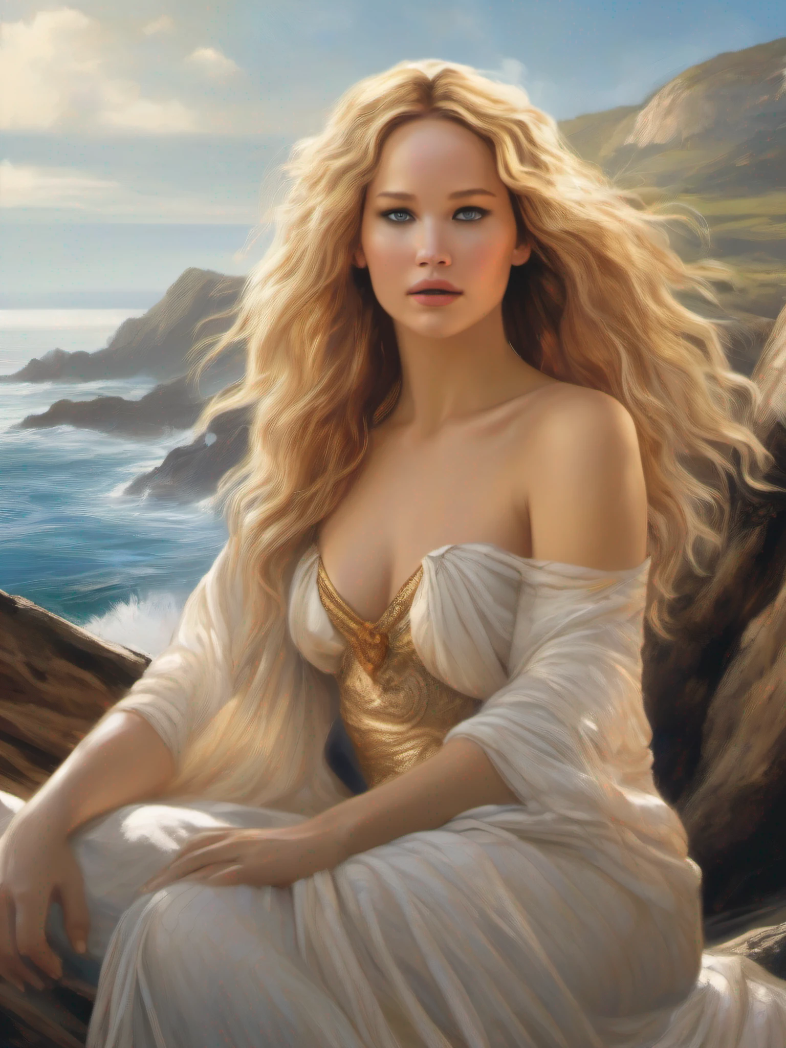 photorealistic woman,  age 30, nordic, blond wavy hair, athletic, as dame from the sea like in Arthus Legend, raw photo, cinematic material,high detailed, masterpiece 