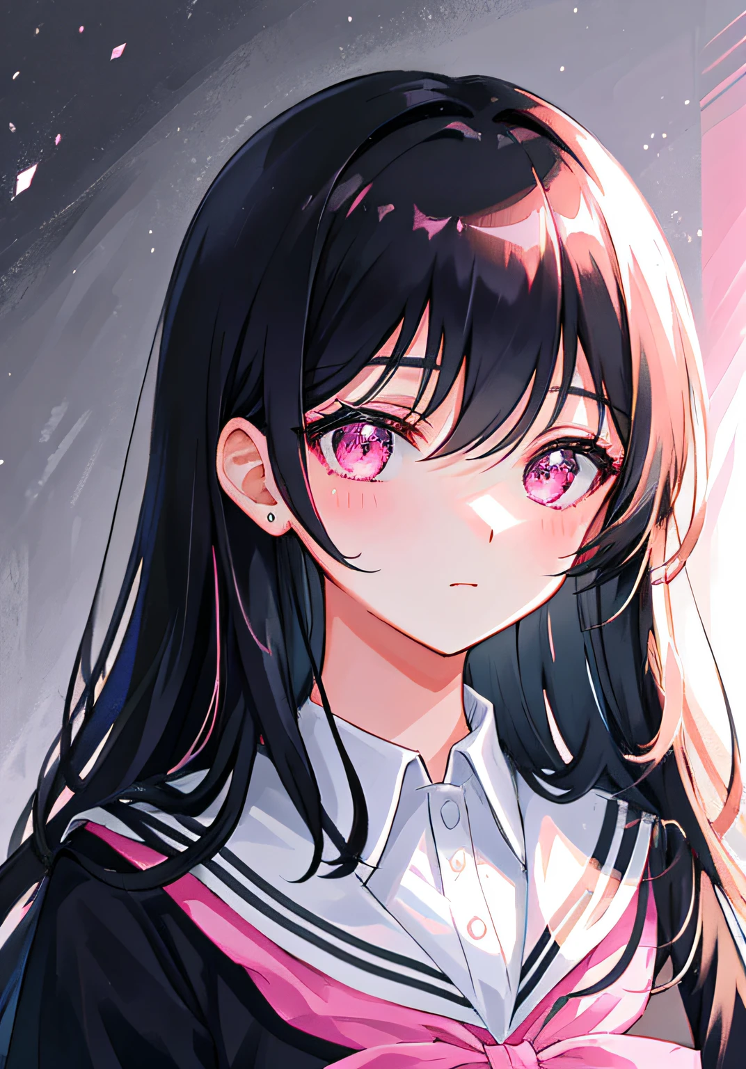 Masterpiece, Best quality, Ultra-detailed, illustration, Portrait, 1girll, black_Hair, Pink eyes,  Long hair,  school uniform,