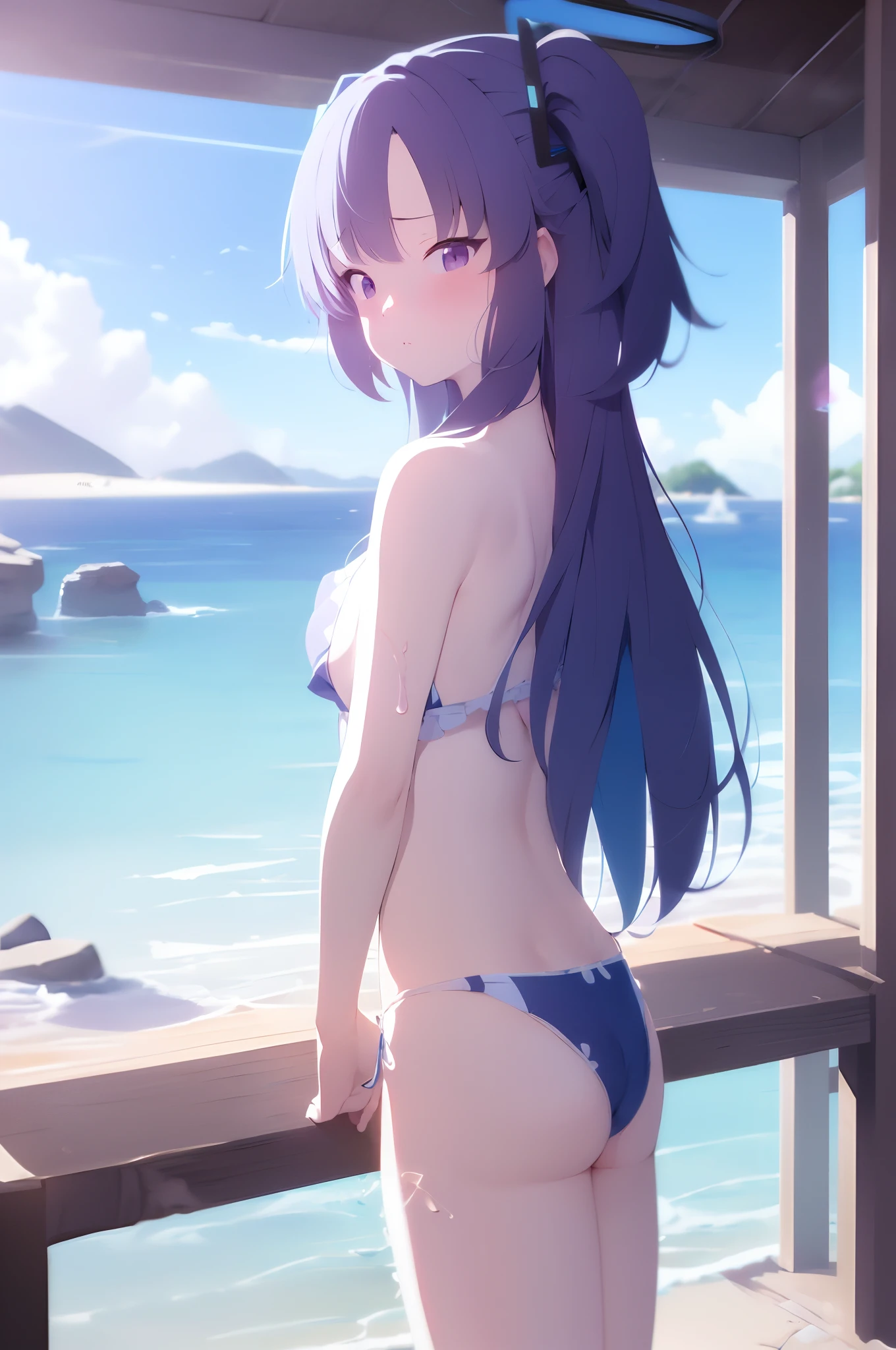 (masutepiece, Best Quality, 8K:1.2) masutepiece, Best Quality, 1girl in, (swimming trunks:1.3), toppless, blush, embarrassed, exhibitionism, Beach, ,NSFW,Beautiful,masutepiece,Cute Girl,Highly detailed and delicate,extremely fine and beautiful,beautiful and clear background, , Walking, hands on own breasts,