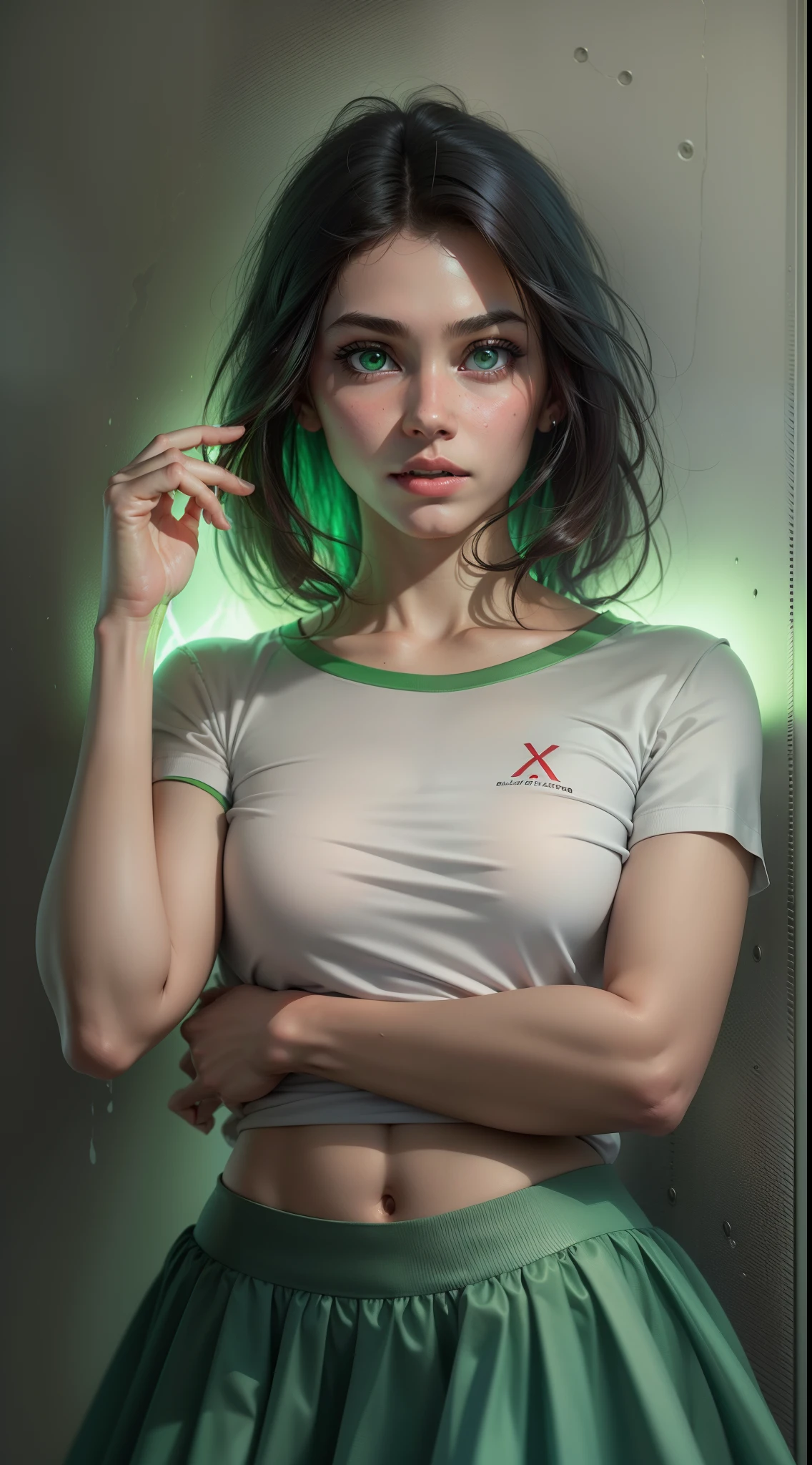 Crie uma imagem de uma mulher jovem ((olhos verdes)), vestida de blusa social branca, e saia preta, de 18 anos, ((ultra realiasta)), highes definition)), ((lighting cinema)), ((papel de parede)), pele ultra realista)), detalhes insano)), ((sardas pelo corpo)), ((ultra hd 8k)),