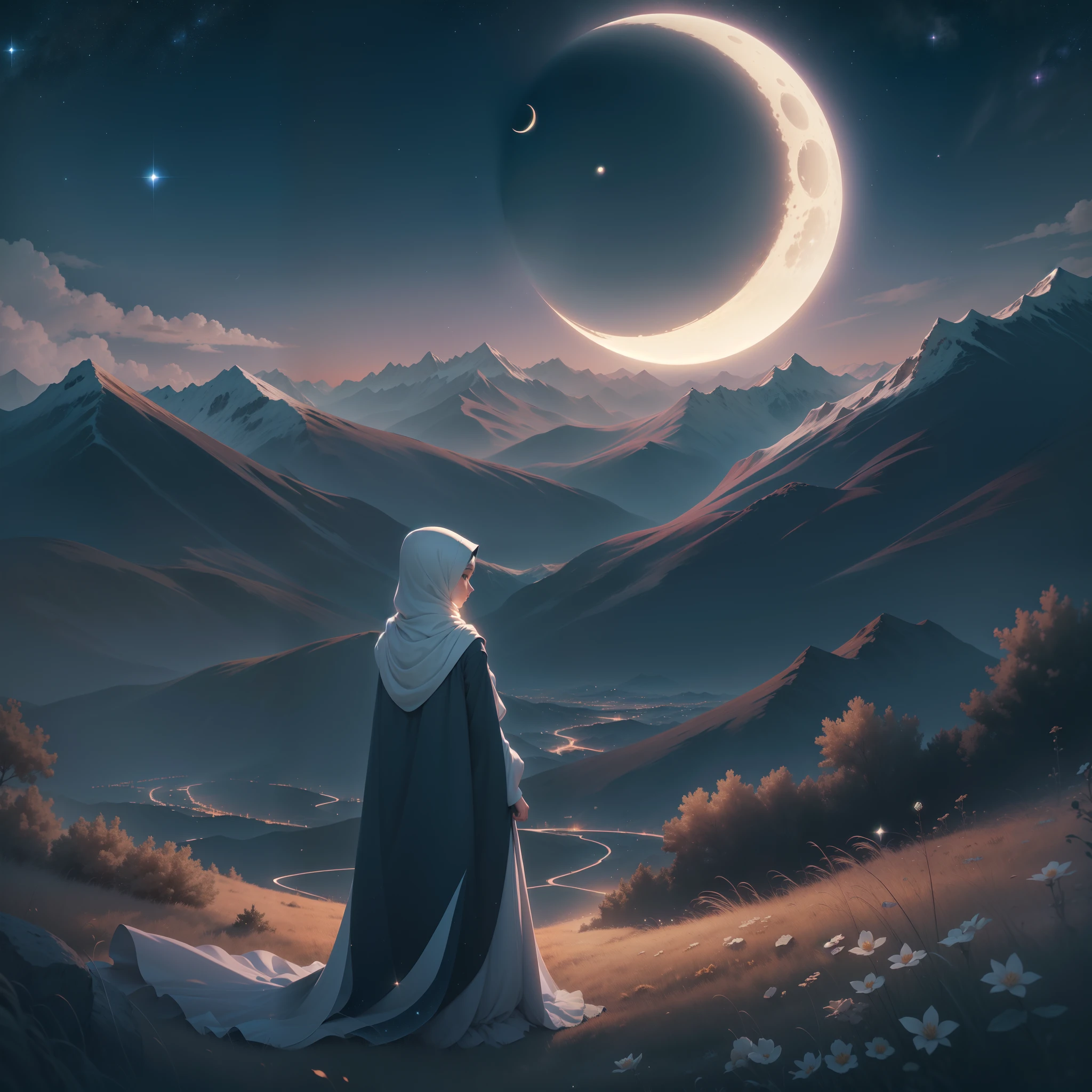 An Anime-infused universe envelops a Hijabi woman wearing a plain Khimar and Djellaba, emphasizing modesty. The backdrop reveals a starlit sky over a quiet mountain range, where a crescent moon graces the heavens. In this enchanting ambiance, her natural allure captivates, resonating with the tranquility of the scene.