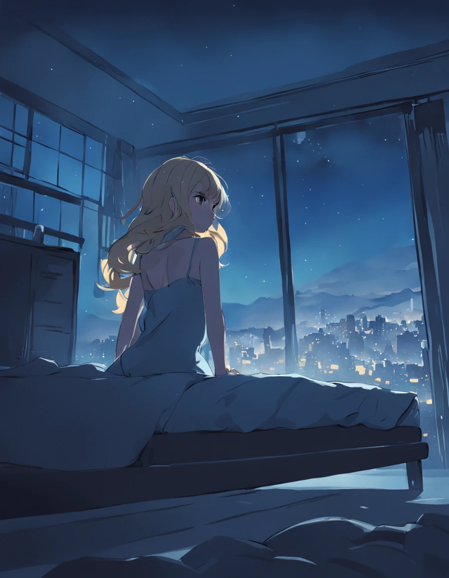 A Girl lying on her side on the bed and waking up only her upper body,backshots, during night, calm night, stylised illustration, Being in a room in a luxury apartment, From the side, stylized silhouette、One stroke、Behind the scenes looking at the city、The upper body is not wearing anything、backs、Wearing a futon up to your waist、A blonde-haired、natta、nighttime scene、Rear view、sad、Staring out the window