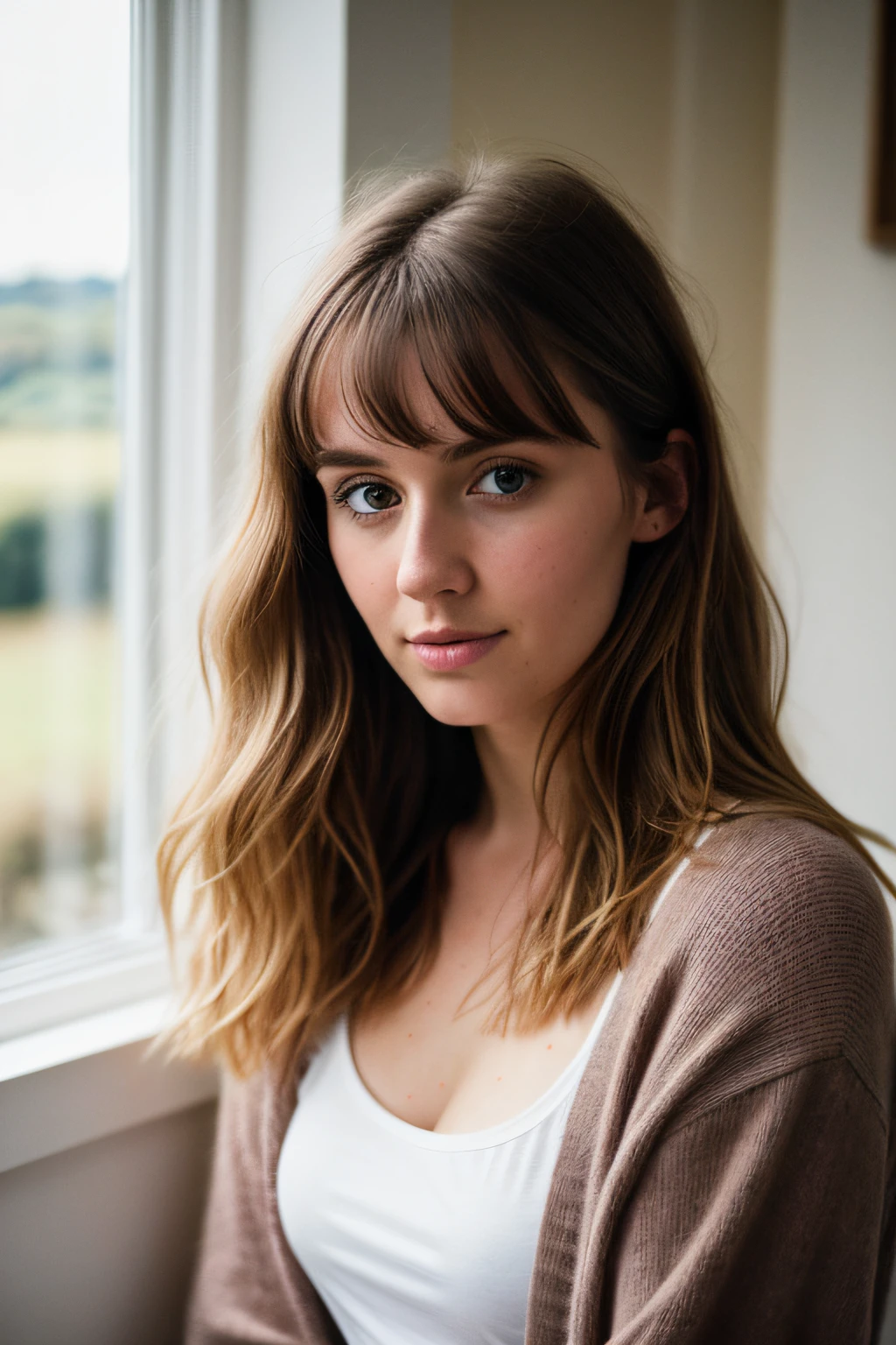 RAW photo, 24 year old Welsh woman, casual clothes, messy hair, slim build, at home, shallow depth of field, (high detail skin: 1.2), 8k uhd, DSLR, soft light, high quality, film grain, 20mp, Fuji XT3 , 80mm, Hasselblad