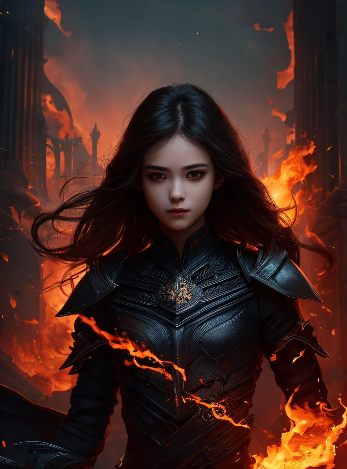 1girl,solo,masterpiece, best quality,fantasy,dark,shadow,
face is important,boy is important,eyes are important,rThe character is the main body of the work,(upper body),
flames,ruins, swirling magic,