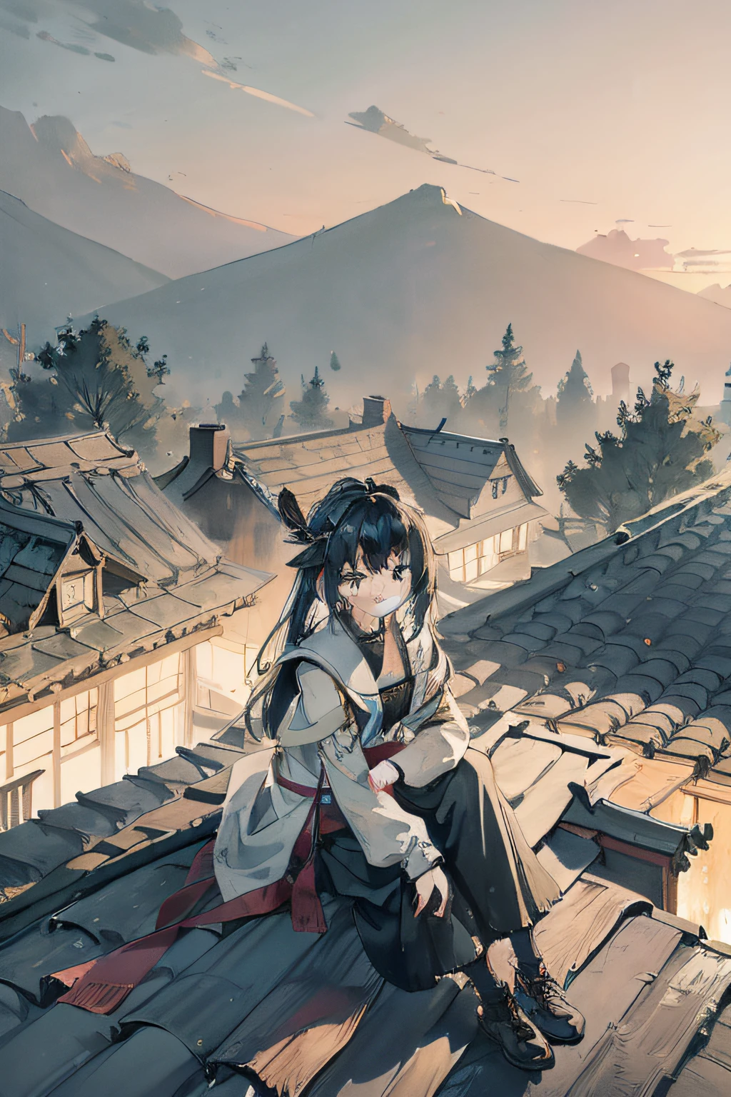 1 girl outdoors， late， starrysky， in a panoramic view， scenecy， horizon， the roof， sitting on rooftop， ventania