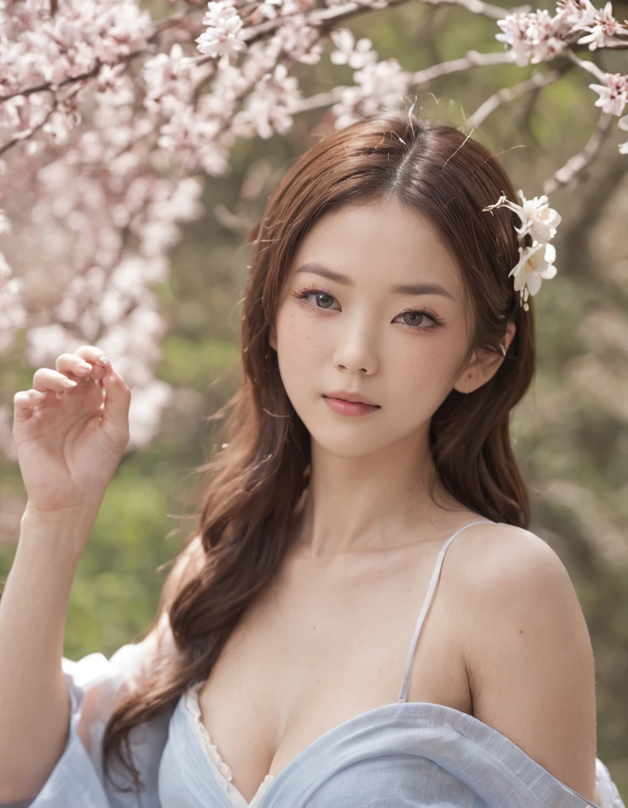 8K,Near and far law ,超A high resolution ,(photographrealistic: 1.1) ,Detailed face ,Focus on beautiful women ,White bra, cleavage of the breast ,(tits out:1.1) ,florals ,Saturated flowers ,vivid flowers ,A slight smil ,hibiscus ,