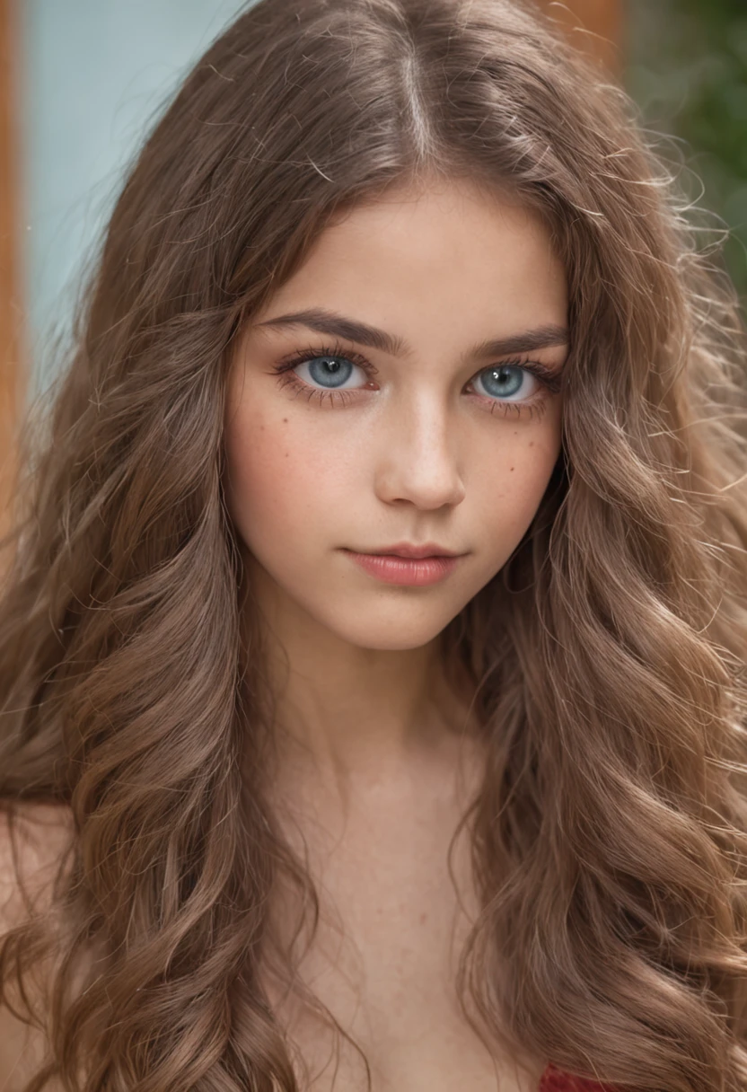 ((high resolution)), ((pale skin)), taches de rousseur, Brunette ((11 ans)) fille, aux yeux bleus, joues rougissantes, Pink wavy hair, souriant, large breasts exposed, comme un druide fantastique, vue de loin