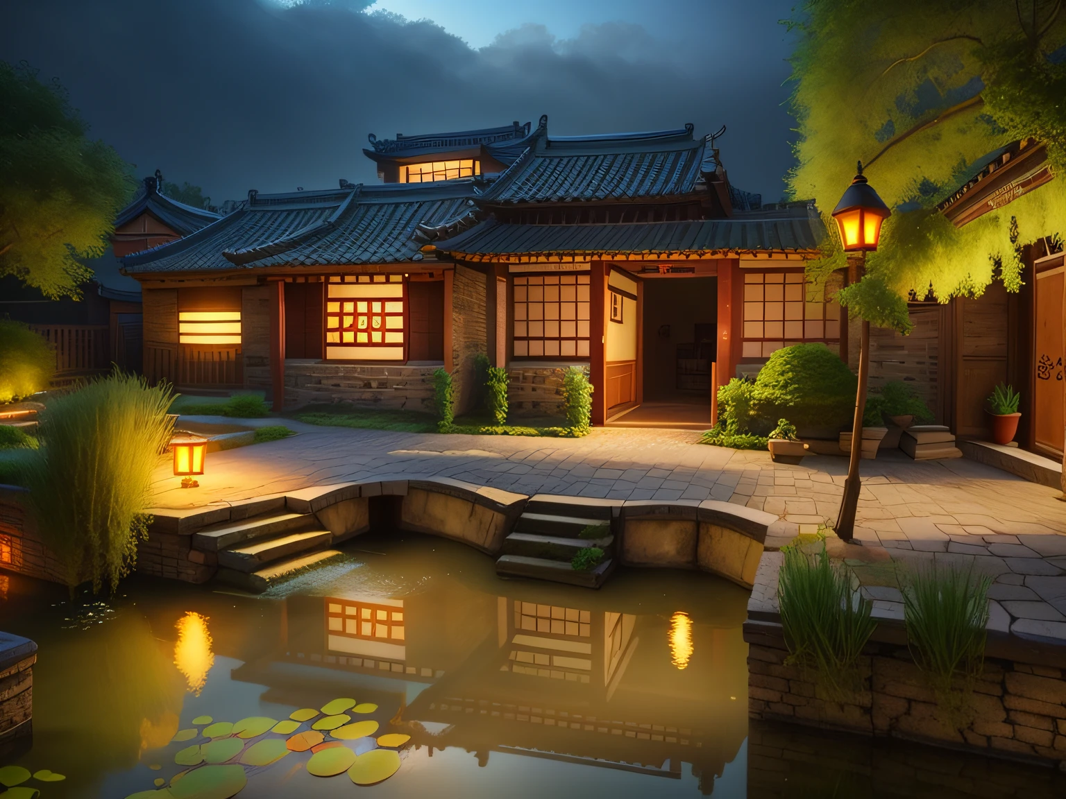 There is a small pond with benches in front of the house, with a fishpond and courtyard, zhouzhuang ancient town, Chinese village, old asian village, building along a river, footbridges between houses, Old house, at the waterside, 2 4 mm iso 8 0 0 color, Ancient Chinese architecture, 2 4 mm ISO 8 0 0