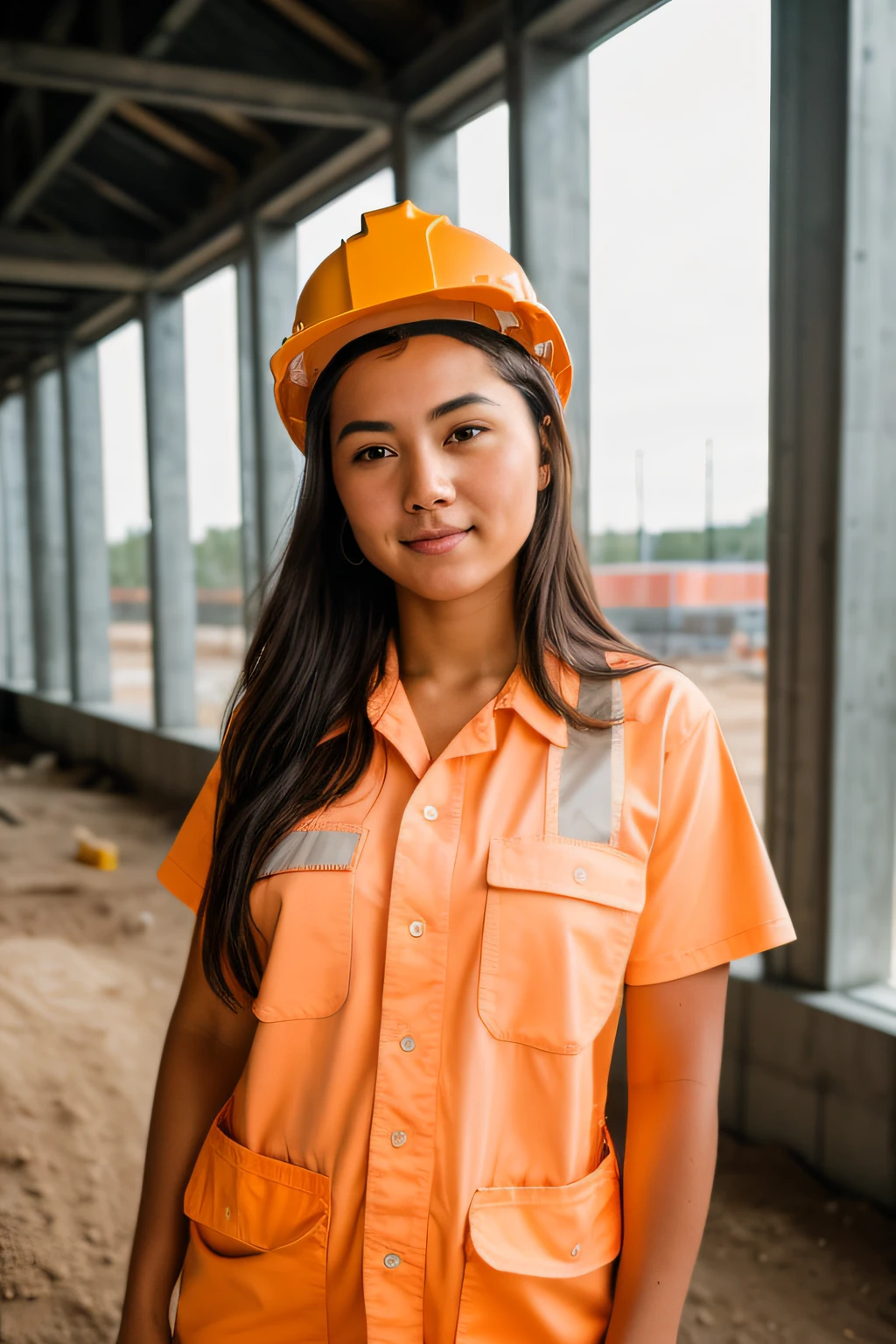 RAW photo, 1girl, a (portrait:1.2) of full body a cute woman as a construction worker, (high detailed skin:1.2), 8k uhd, dslr, soft lighting, high quality, film grain, Fujifilm XT3