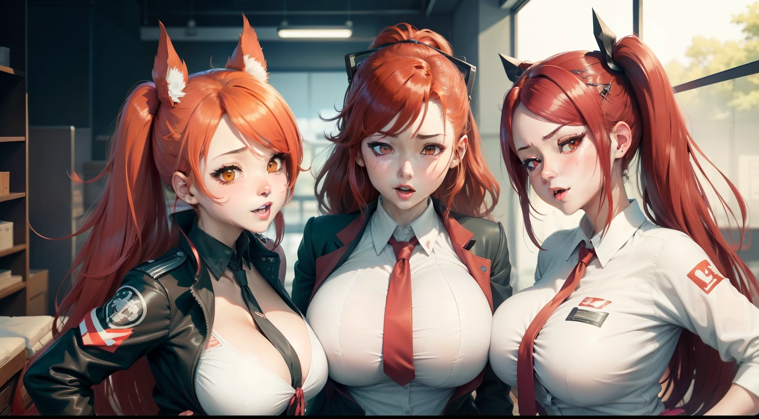 anime characters with red hair and white shirts and ties, biomechanical oppai, oppai, ahegao, from cryptid academia, crazy expression, oppai proportions, from the azur lane videogame, ecchi anime style, anime cover, from girls frontline, oppai cyberpunk, ahegao face, kawacy, heavy gesture style closeup, uncanny smile, insane