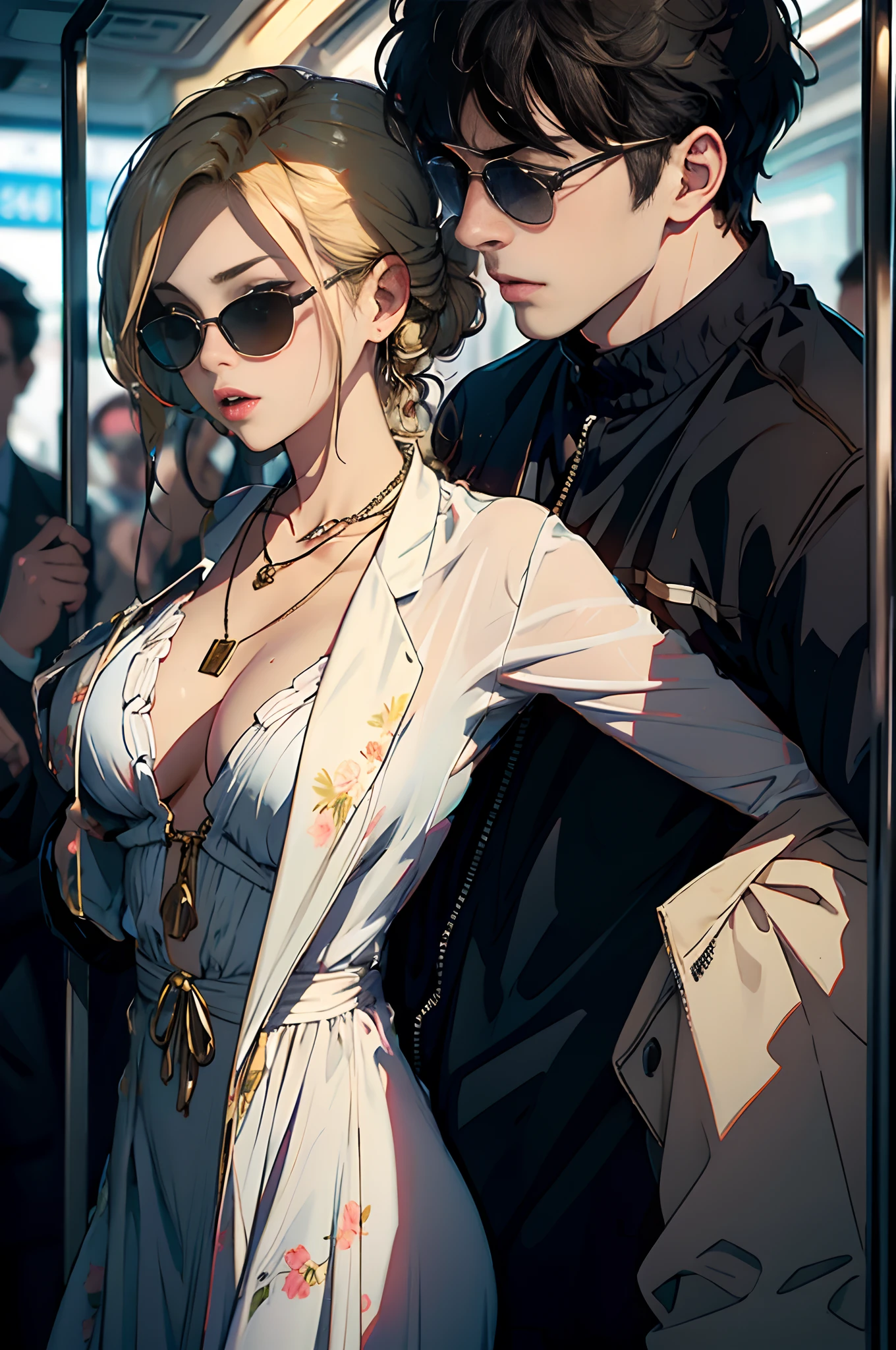 girl wearing sunglasses, blond hair, flowery designed dress, cleavage, necklace