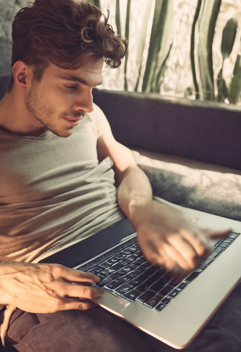 masterpiece, best quality, realistic, ultra detailed, sfw, 1boy, an attractive 18 year old fit white boy lying in bed using laptop video call, looking at laptop screen, ((sweat)), topless, wearing tight underwear, big bulge, (((vpl))), full body shot, side view,