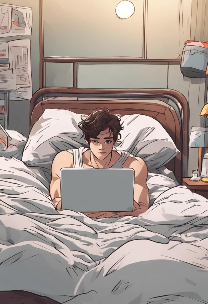 masterpiece, best quality, realistic, ultra detailed, sfw, 1boy, an attractive 18 year old fit white boy lying in bed using laptop video call, looking at laptop screen, ((sweat)), topless, wearing tight underwear, big bulge, (((vpl))), full body shot, side view,