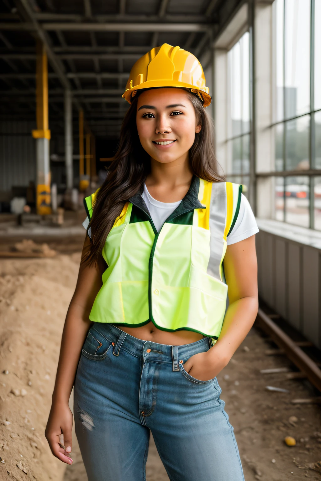 RAW photo, 1girl, a (portrait:1.2) of full body a cute woman as a construction worker, (high detailed skin:1.2), 8k uhd, dslr, soft lighting, high quality, film grain, Fujifilm XT3