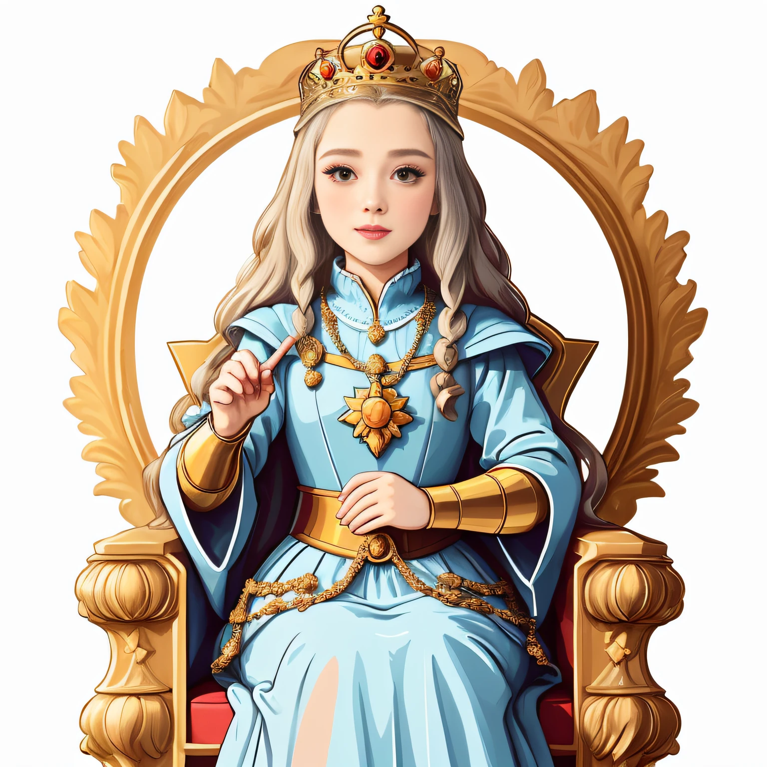 Sticker. Flat design, whitebackground, in full height, Sitting on a throne, Cute, Kawaii woman wearing a crown and dress, in full height, Mathematics The Beautiful Princess of Mathematics, a beautiful fantasy empress, A royal woman, medieval princess, portrait of a princess, majesty in noble clothes, flat vector art, in style of digital illustration, jen bartel, portrait of a princess, beautiful queen, Sticker