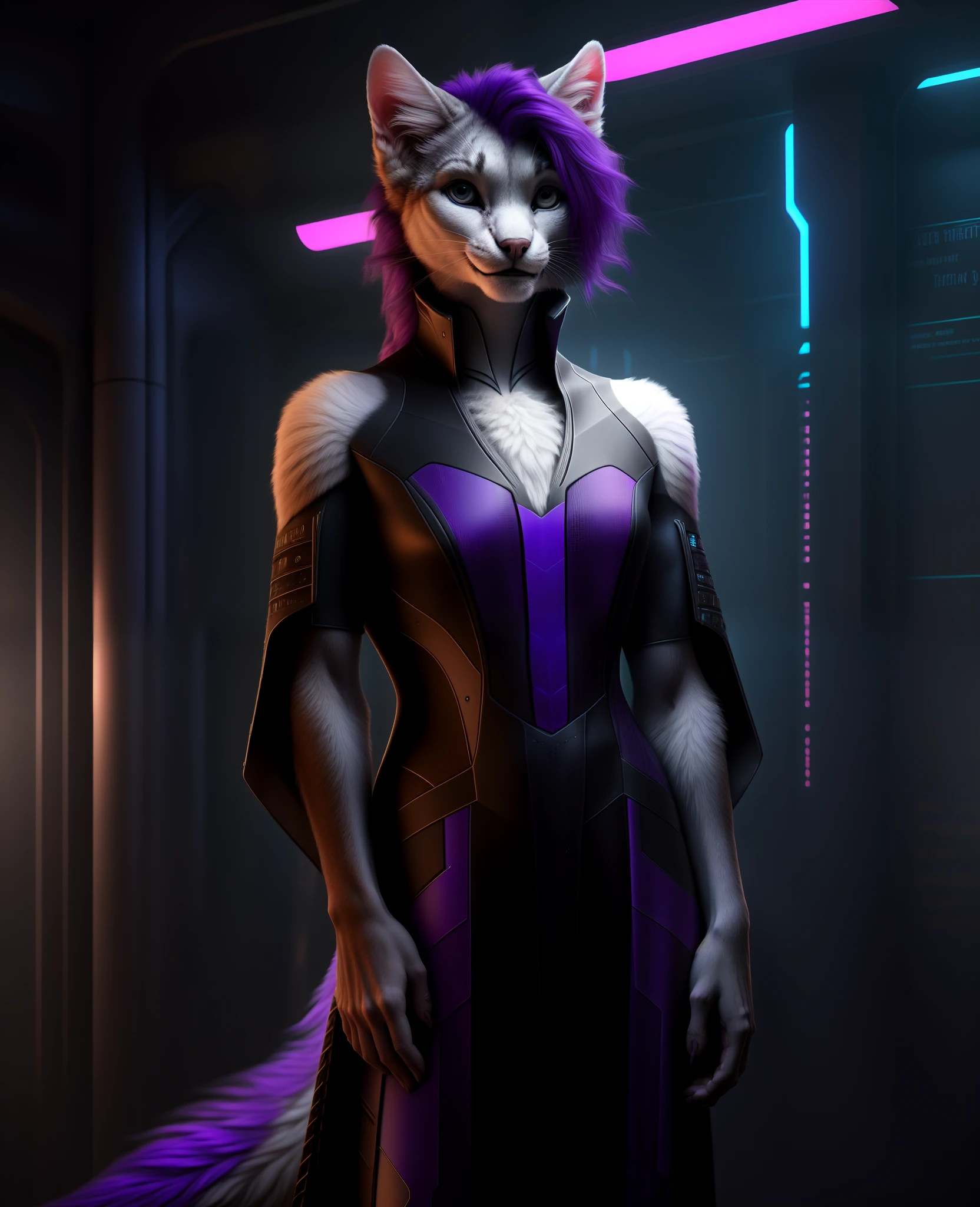 science room background, cyberpunk, cybernetics, cyborg, smile, bright colors, long, purple hair, black (gothic dress), white fur, anthro,
detailed background, cat, female furry, smiling, (multicolored fur),
masterpiece, detailed fur, realistic fur, cat ears, fluffy tail,
full body, detailed skin, detailed face and eyes, higher body and limbs detail, realistic proportions,
detailed lighting, cinematic lighting, detailed ambient light, gray natural lighting, backlighting, crepuscular ray,
half body shadow, sharp focus