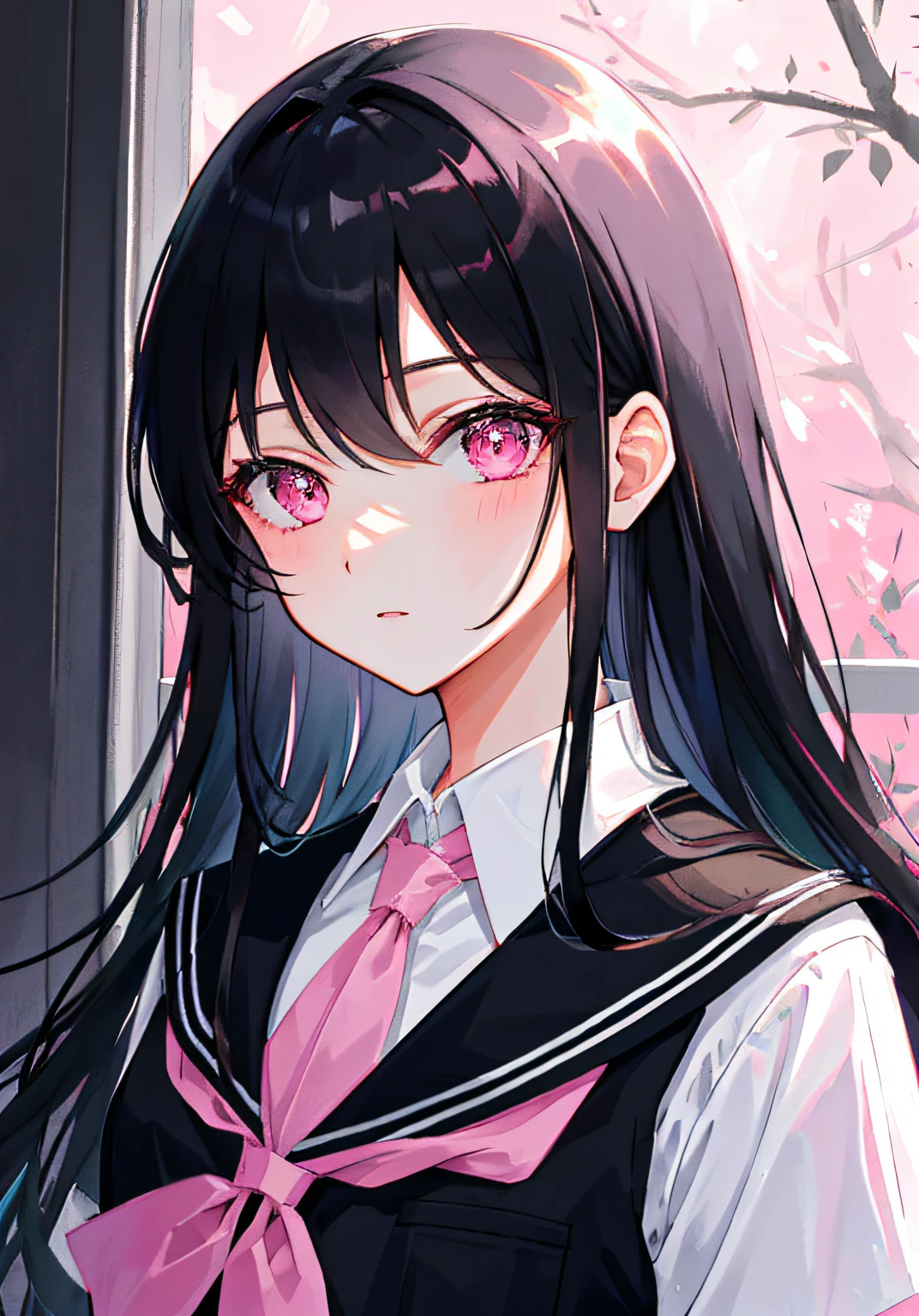 Masterpiece, Best quality, Ultra-detailed, illustration, Portrait, 1girll, black_Hair, Pink eyes, Long hair, school uniform,