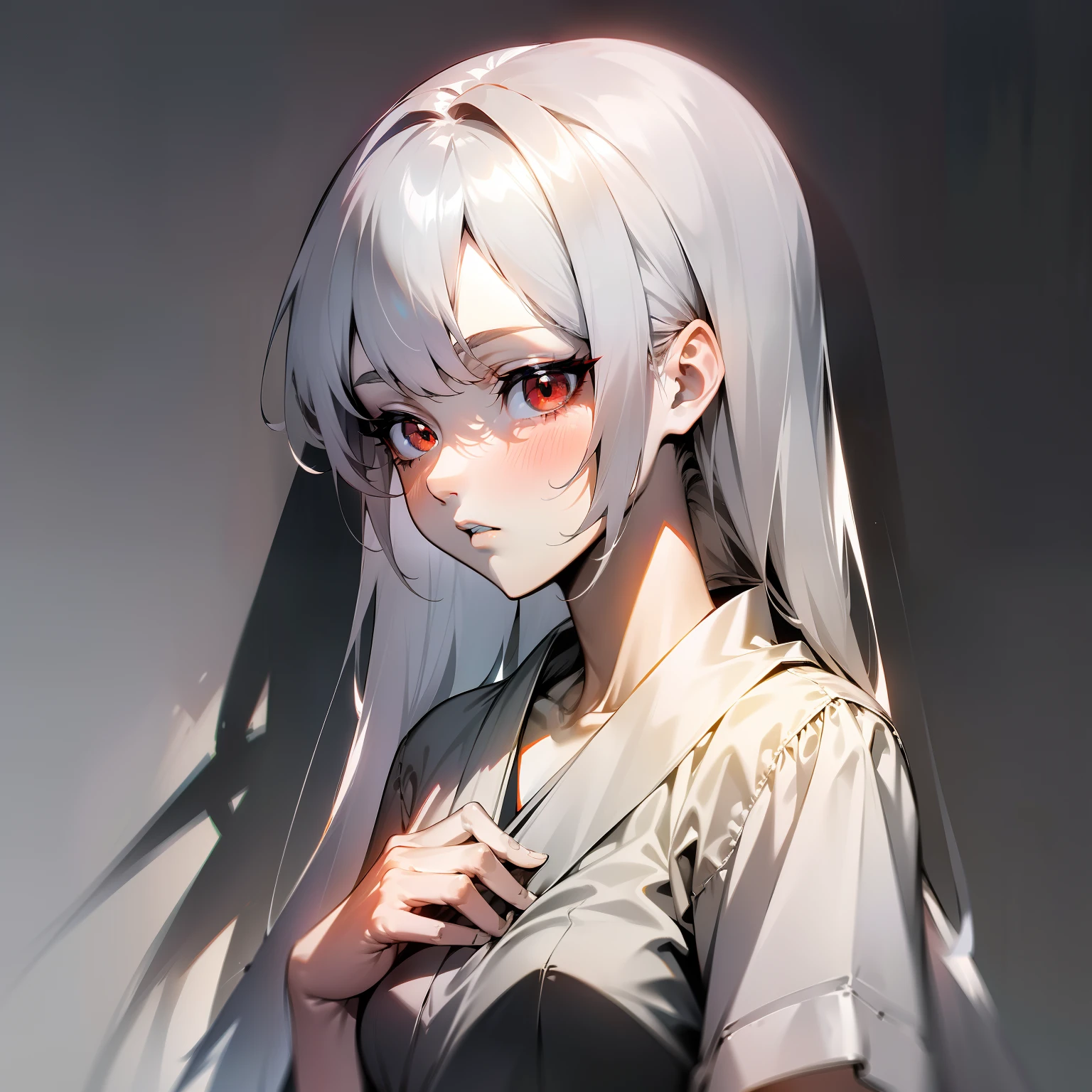 (Japanese anime, slender, glossy, light and shadow, shadow, tsundere style), best image quality, silver hairstyle, red eyes, white shirt, monochrome background.