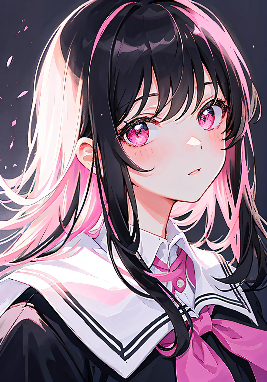 Masterpiece, Best quality, Ultra-detailed, illustration, Portrait, 1girll, black_Hair, Pink eyes, Long hair, school uniform,