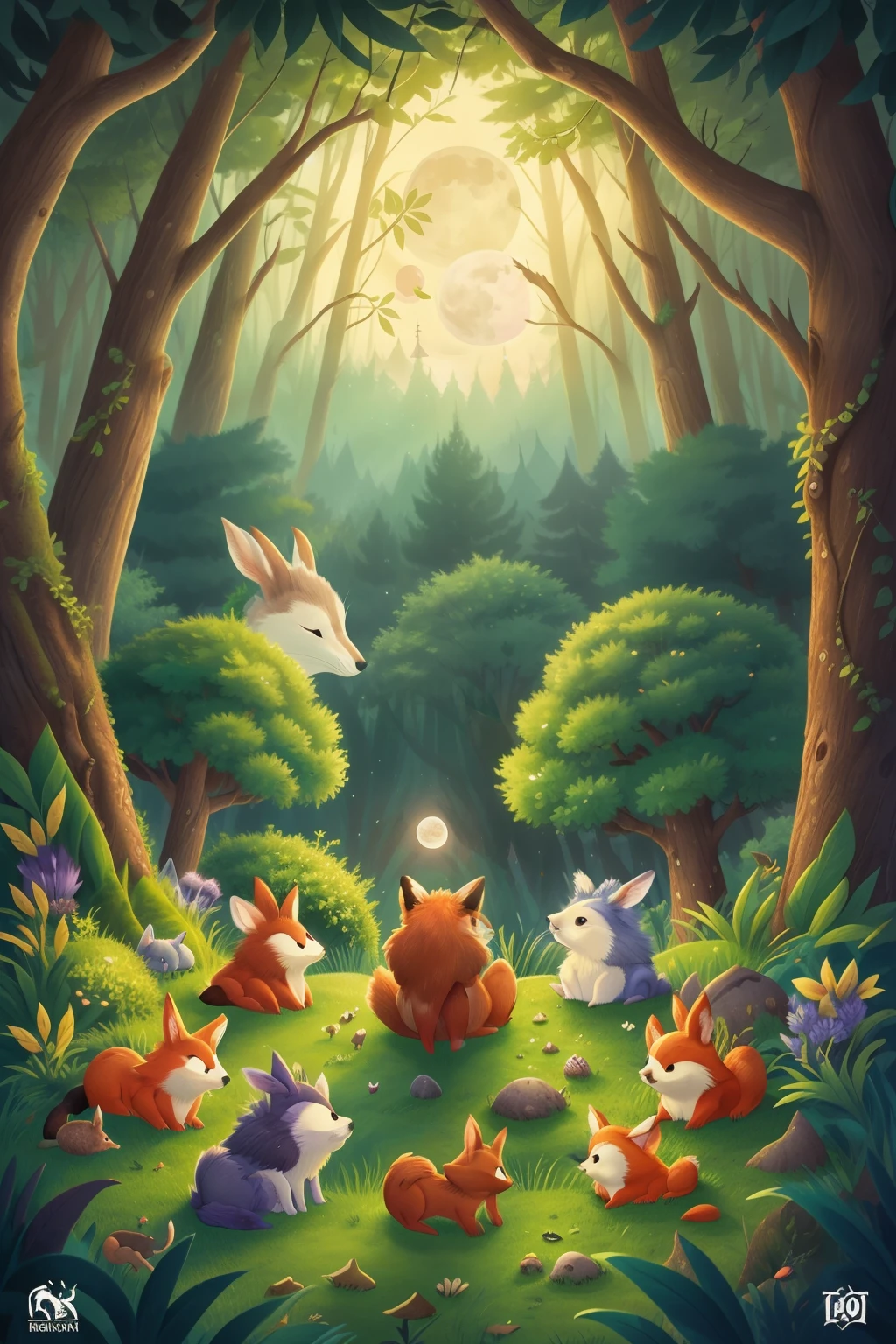 enchanted forest, the full moon rises from behind the hills, the bunnies, foxes, and hedgehogs sit and watch the moon