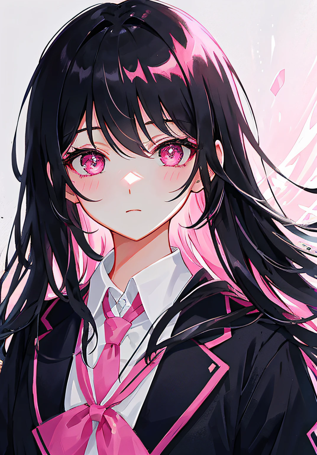 Masterpiece, Best quality, Ultra-detailed, illustration, Portrait, 1girll, black_Hair, Pink eyes, Long hair, school uniform,