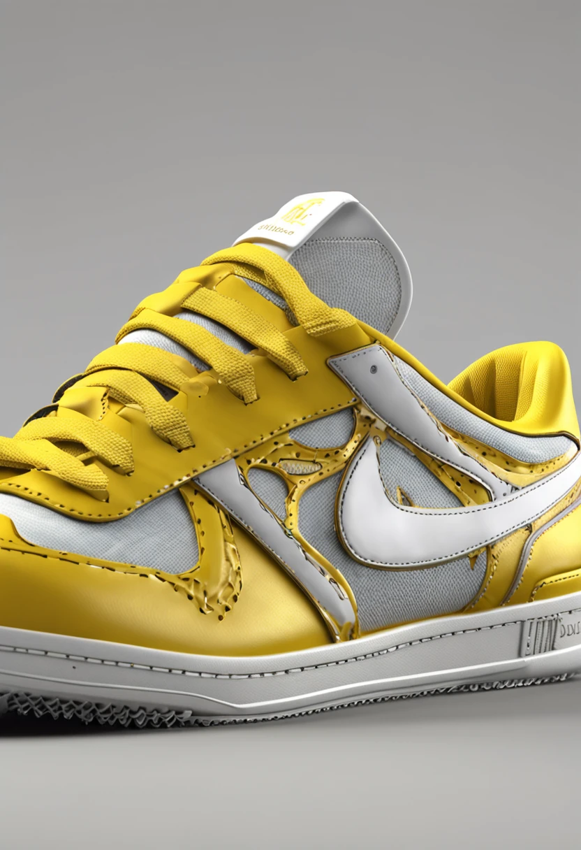 NEOMEN Magazine x Nike superstar sneaker, made by NEOMEN Magazine, high render texture, use blender 4. 0, surrealism, photorealistic, NEOMEN Magazine embroidered intra dimensional skin texture with embroidered reflections in color #ffff00, yellow, full portrait 3d model, full body, real, high resolution, realistic texture, high fashion, Cinema4d, cgi, realistic, 3d, High quality, Hyper realistic, 300 dpi , 4K resolution, create texture in octane render, vibrant lighting in background, shadows in background, ultra realistic, best quality, real, high render face, brand typography, and NEOMEN Magazine logo graffiti, realistic laces, realistic sneaker, high-end texture finish for laces, high texture detail, aesthetic lighting, Nike Air Max, realistic scaling, urban details, realistic finishing, blender 3d, octane rendering, highlight detail of NEOMEN Magazine logo on sneaker, focus on sneaker, highlight embroidery, sharp focus, cinematic, #ffff00 yellow