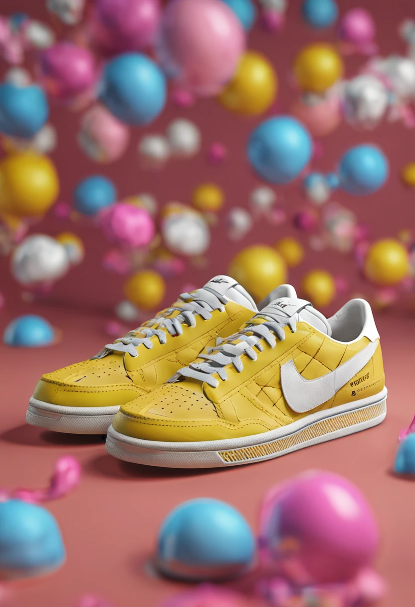 NEOMEN Magazine x Nike superstar sneaker, made by NEOMEN Magazine, high render texture, use blender 4. 0, surrealism, photorealistic, NEOMEN Magazine embroidered intra dimensional skin texture with embroidered reflections in color #ffff00, yellow, full portrait 3d model, full body, real, high resolution, realistic texture, high fashion, Cinema4d, cgi, realistic, 3d, High quality, Hyper realistic, 300 dpi , 4K resolution, create texture in octane render, vibrant lighting in background, shadows in background, ultra realistic, best quality, real, high render face, brand typography, and NEOMEN Magazine logo graffiti, realistic laces, realistic sneaker, high-end texture finish for laces, high texture detail, aesthetic lighting, Nike Air Max, realistic scaling, urban details, realistic finishing, blender 3d, octane rendering, highlight detail of NEOMEN Magazine logo on sneaker, focus on sneaker, highlight embroidery, sharp focus, cinematic, #ffff00 yellow