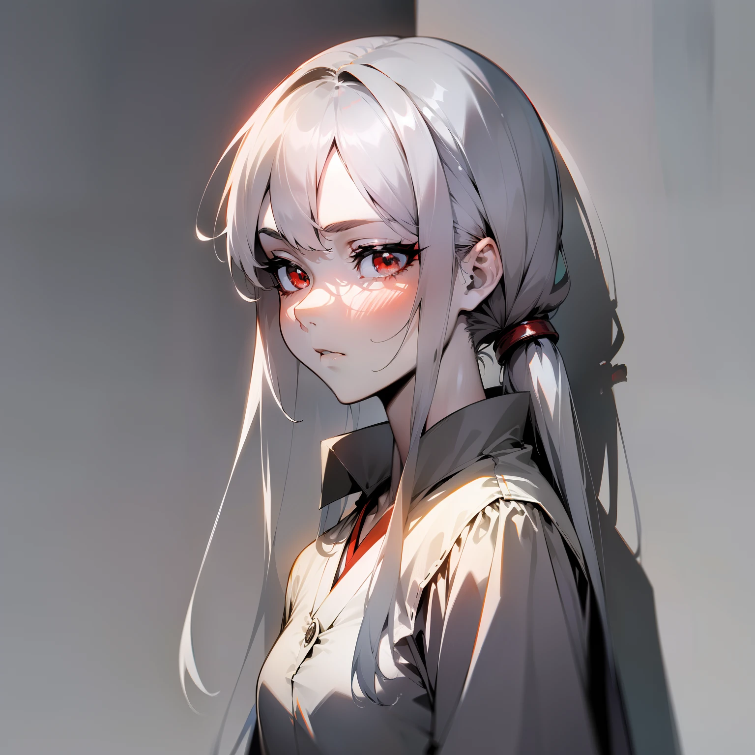 (Japanese anime, slender, glossy, light and shadow, shadow, tsundere style), best image quality, silver hairstyle, red eyes, white shirt, monochrome background.