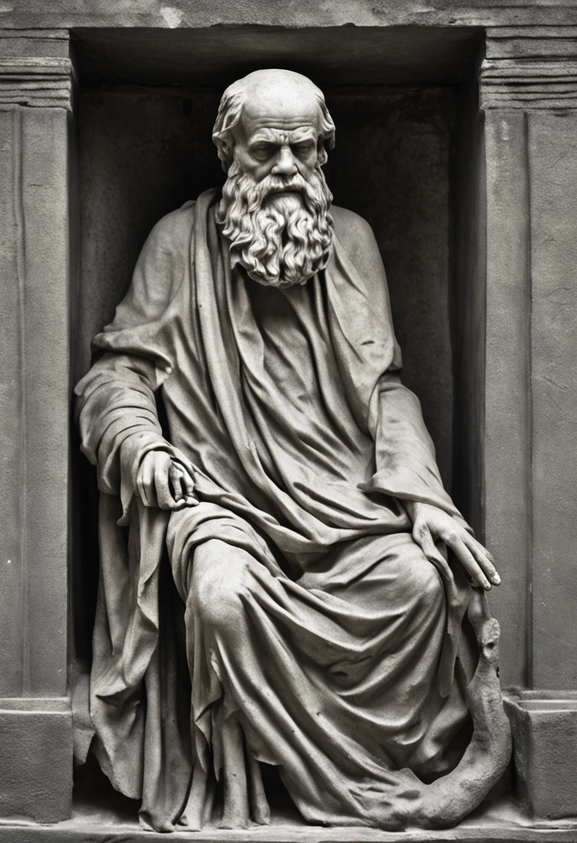 Evoking an image, dark and vivid, from the annals of my mind. Envisage a scene, shaped in the time of Socrates, a realm of ponderous thoughts and Hellenic philosophies. There he is, a wise old man, gathered under a cloak that harks back to ages past, its folds meticulously arranged to evoke echoes of historical authenticity. This sage's eyes, twin sockets of depth, remain enmeshed in the earth, withdrawn in contemplation like the dark gaze of a crow. The image, and the very posture of this sage, are intrinsically linked to the tradition and antiquated doctrines of historical philosophy. As the figure rests in the pale light, the shadows it casts converge in an ominous union, conspiring to form an atmosphere filled with enigma, enveloping the scene in a mantle of deep introspection.