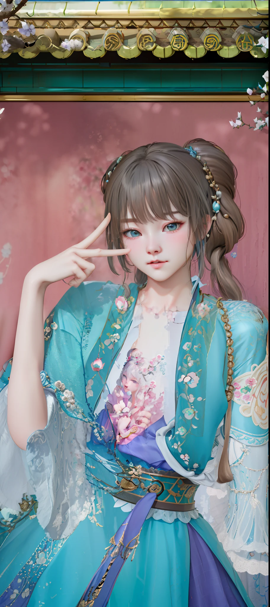 there is a woman in a blue dress sitting on a bench, palace, a girl in hanfu, guweiz, inspired by Ma Yuanyu, artwork in the style of guweiz, inspired by Lan Ying, inspired by Sim Sa-jeong, inspired by Huang Ji, kawaii realistic portrait, inspired by Pu Hua, render of april, highly detailed character