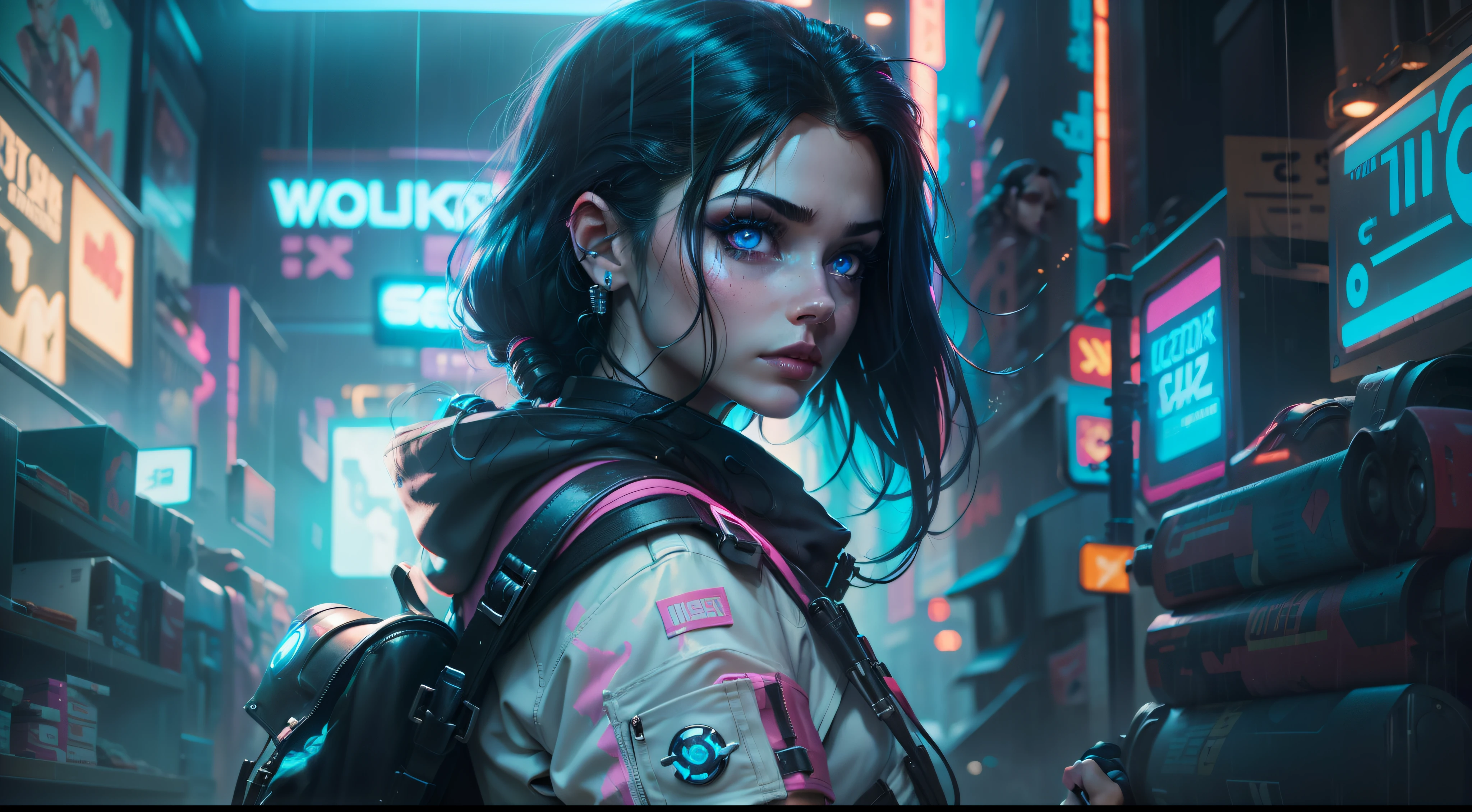 solo, cinematic lighting, a beauty woman with a back pack, cyberpunk, sparkle eyes, blue pupils, black hair, perfect eyes, both hands in pocket, rainy cyber punk store , thin gap, portrait 24 mm, high resolution, model looking at the viewer