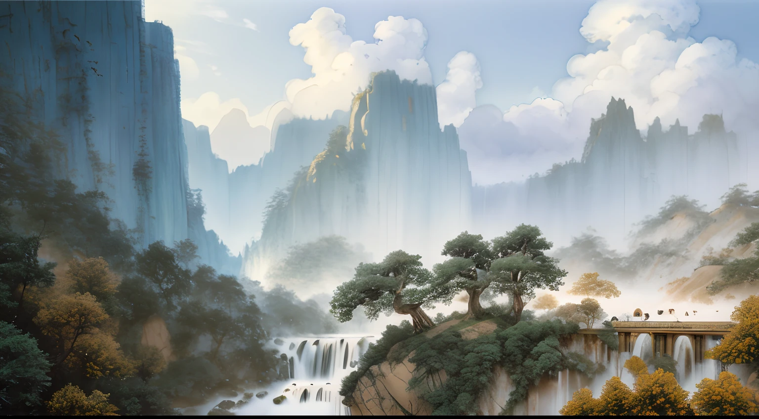 Masterpiece, best quality, high quality, extremely detailed CG unity 8k wallpaper, landscape, outdoor, sky, cloud, sky, no humans, mountain, landscape, water, tree, blue sky, waterfall, cliff, nature, lake, river , cloudy skies, award winning photography, bokeh, depth of field, HDR, bloom, chromatic aberration, photorealism, very detailed, trending on artstation, trending on CGsociety, intricate, high detail, dramatic, midjourney art