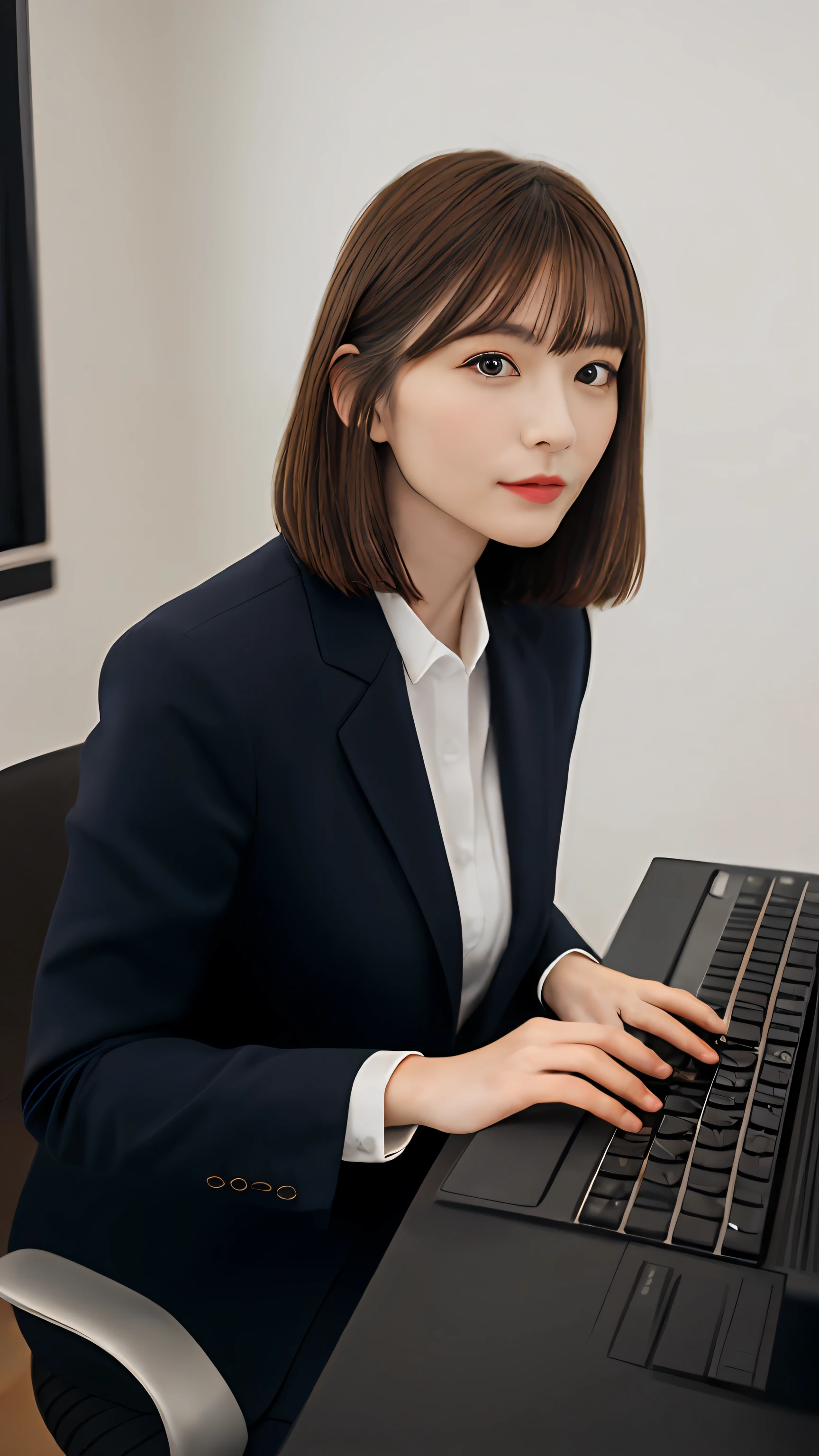 (Best quality, 8k, 32k, Masterpiece, UHD:1.2),Photo of Pretty Japanese woman, 1girl, (medium-short dark brown hair), double eyelid, office formal wear, working on desktop, typing keyboard, office, looking at PC screen