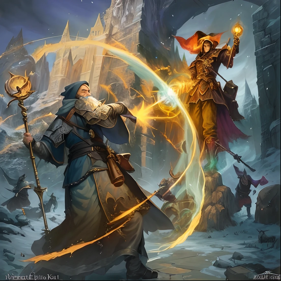 a painting of a man with a staff and a staff in a snowy area, mago lutando contra um golem, Arte do Jogo de Cartas de Fantasia, Duelo de magos, epic fantasy card game art, Epic Fantasty Card Game Art, Magic the Gathering Card Art, Mago lutando contra um ghoul, estilo de magia o encontro, Magic the Gathering ArtStyle, witchcraft magic witch battle