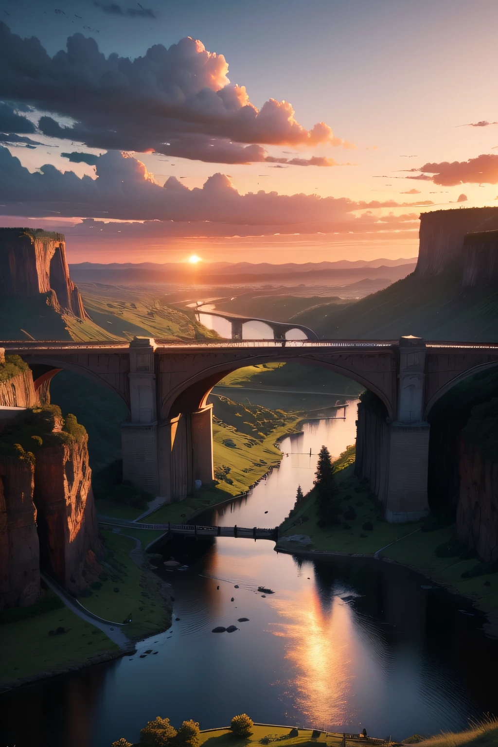 "Create a breathtaking landscape featuring a mesmerizing sunset, showcasing a magnificent bridge over a flowing river. The image should have a resolution of 1336x768."