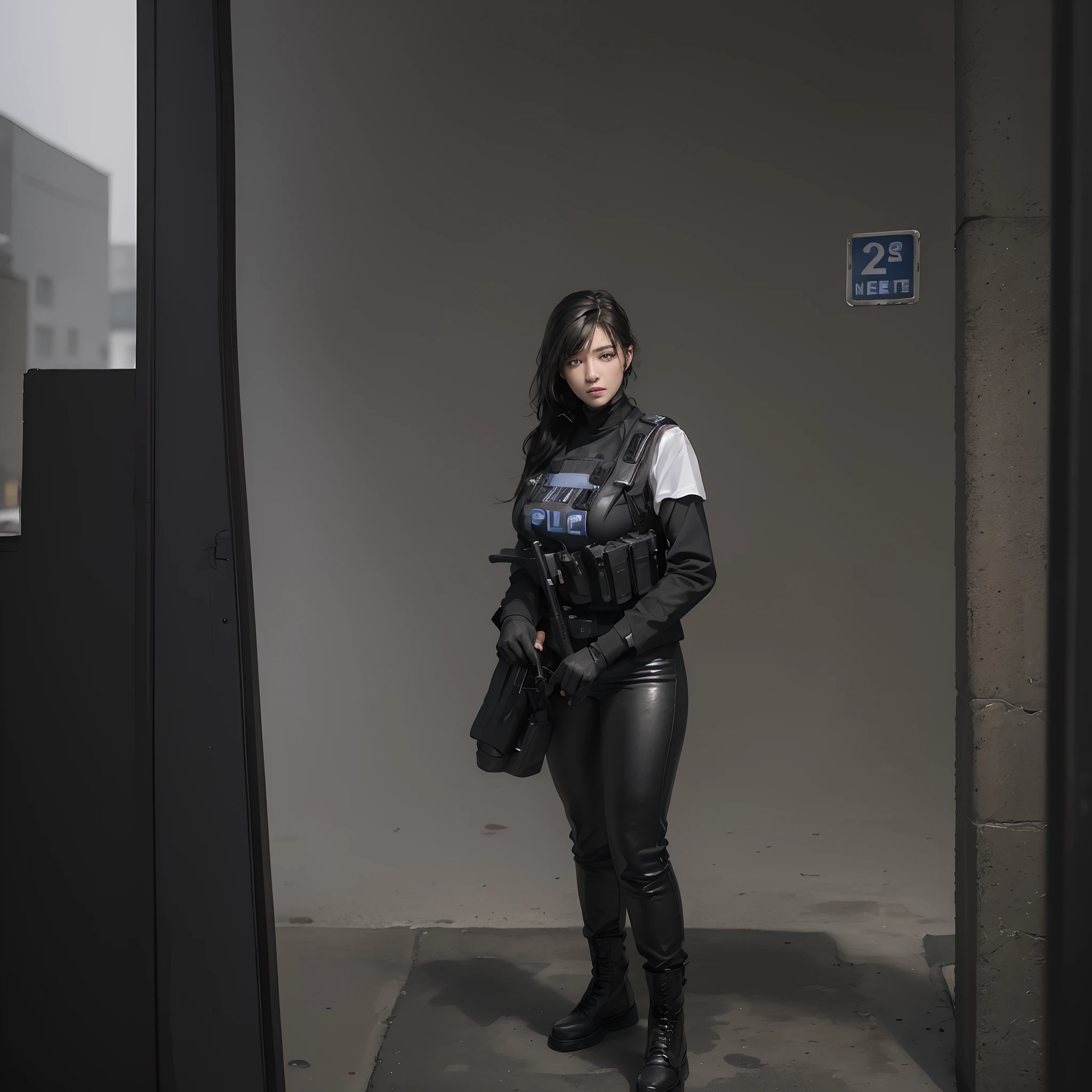 ((Best Quality, 8K, Masterpiece: 1.3)), Sharp: 1.2, Perfect Body Beauty: 1.4, Slim Abs: 1.2, ((Layered Hairstyle, Big Breasts: 1.2)), (Wet White Button Long Shirt: 1.1), (Bulletproof Police Car, Street: 1.2), Wet: 1.5, Highly Detailed Face and Skin Texture, Detailed Eyes, Double Eyelids, Side Face Looking at the Camera, White Police Uniform, Tall Figure, Army Badge, Bulletproof Vest, Intercom, Pistol Aimed at the Camera Female soldiers, Fully armed, black leather pants, special forces, agents