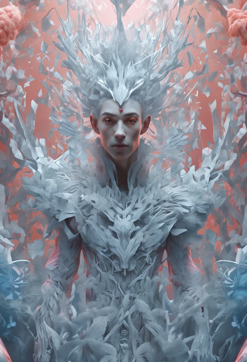 Men with platinum hair, in a suit of ice flowers, a beautiful crown on his head, detailed face, detailed skin, front, background frozen forest, cover, unzoom, choker, hyperdetailed painting, luminism, Bar lighting, complex, 4k resolution concept art portrait by Greg Rutkowski, Artgerm, WLOP, Alphonse Mucha, little fusion pojatti realistic goth, fractal isometrics details bioluminescens : a stunning realistic photograph 30 years