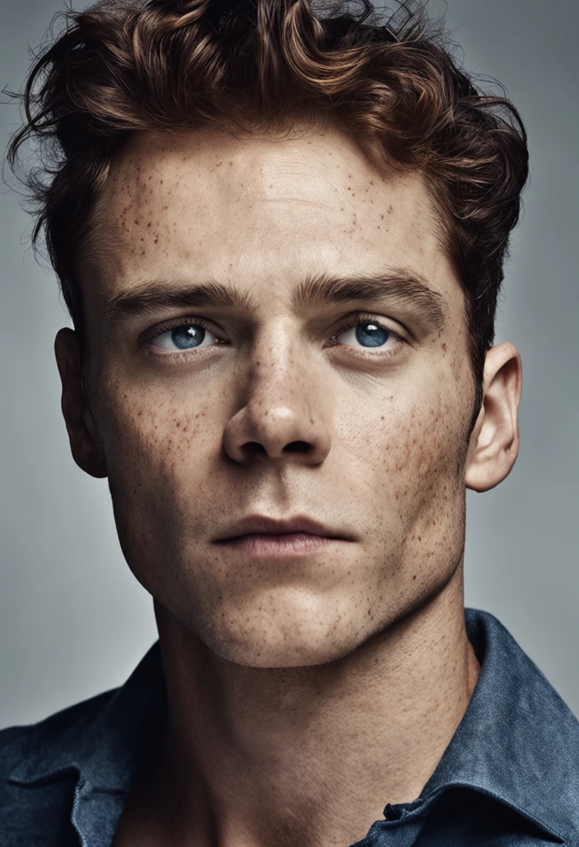 beautiful men, freckles, dark makeup, hyperdetailed photography, soft light, head and shoulders portrait, cover