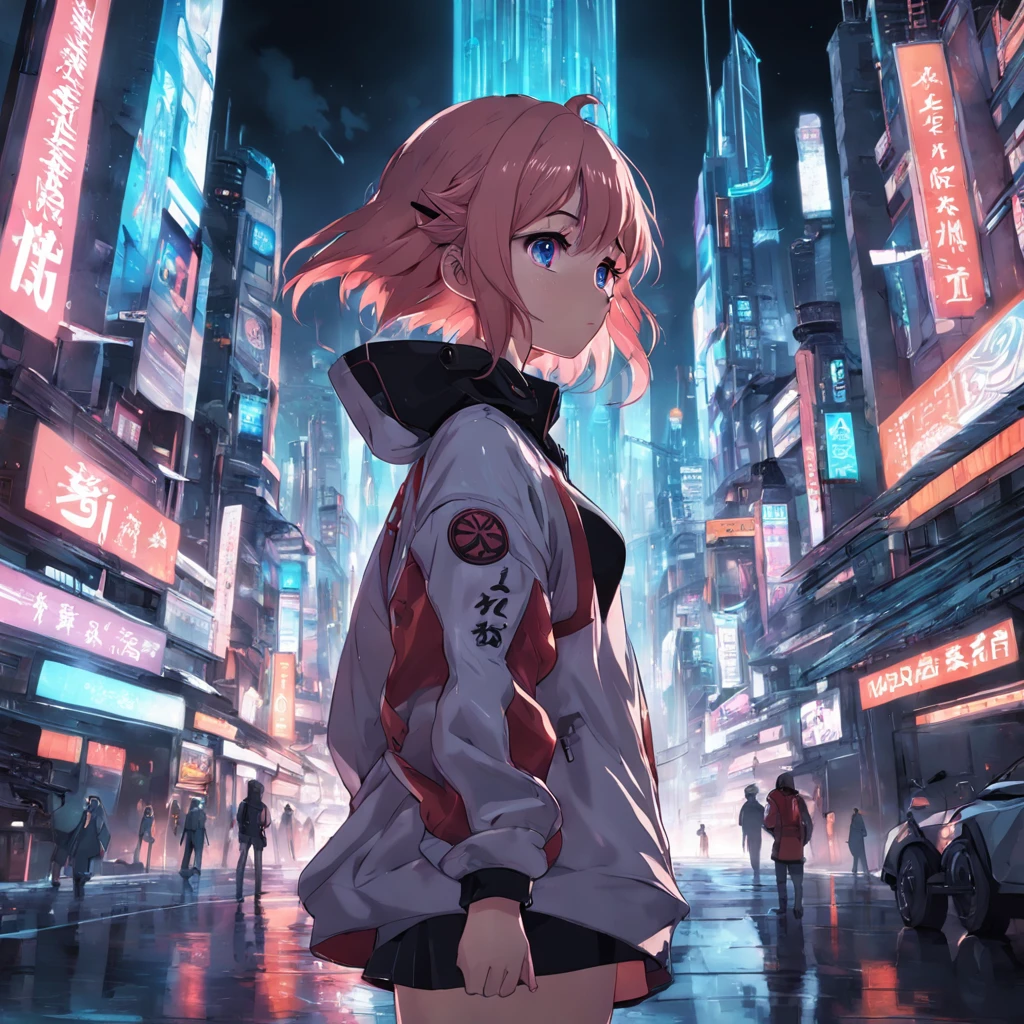 1 girl in the middle of a futuristic city, anime style, cyberpunk