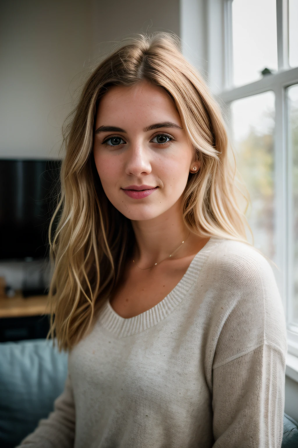 RAW photo, 24 year old Welsh woman, casual clothes, messy hair, slim build, at home, shallow depth of field, (high detail skin: 1.2), 8k uhd, DSLR, soft light, high quality, film grain, 20mp, Fuji XT3 , 80mm, Hasselblad
