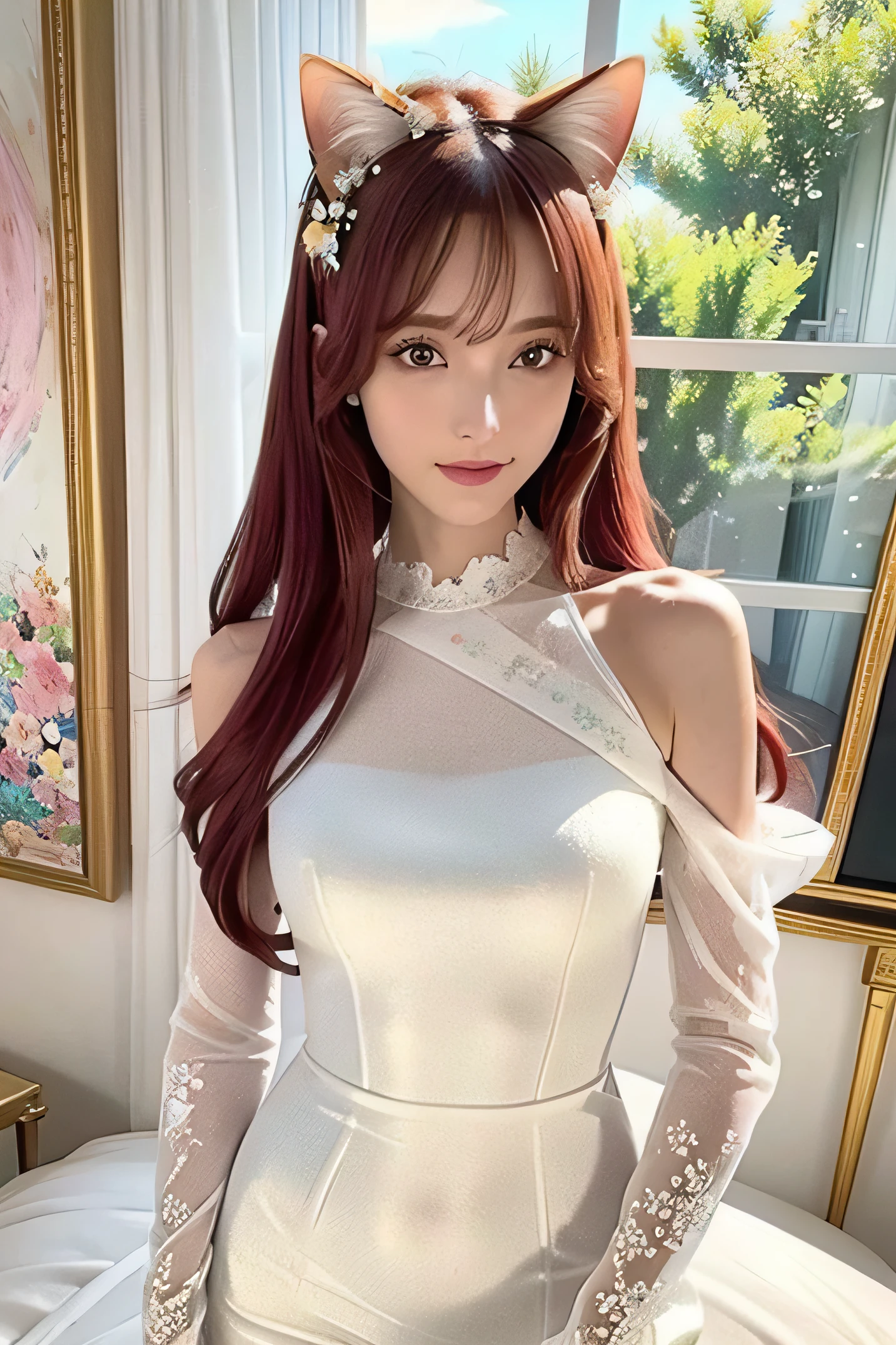 Masterpiece, Highest quality, (((Masterpiece))), (((Maximum level))), ((Extremely delicate and beautiful)), Dynamic Angle, Floating, (Beautiful detailed eyes), (Detailed light), (1 girl), Medium bust, long whitr hair, Pink cat ears,sparkle eyes, Dark red hair, Bodycon dress, Natural, (Sunlight), (Painting), (Sketch), (flower), Slight smile, Pastel colors, full anatomy, highly detailed beautiful face,HD