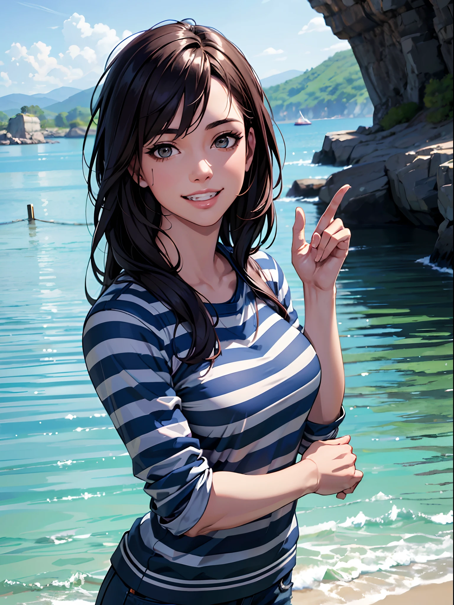 (masterpiece) , ((best quality)), (( 8k wallpaper)), ((ultra high resolution)), good composition, (ultra-detailed), illustration, beautiful art, artistic, realistic, beautiful, good art, scenery, cinematic, detailed skin, (oily skin), glossy skin, fine skin, (beautiful hair), (beautiful eyes), (perfect anatomy), (correct limb), (realistic), hand with five delicate fingers, cute girl, a woman in striped shirt posing for a photo near the water for a postcard, 1girl, solo, smile, brown hair, shirt, realistic, striped, long hair, striped shirt, looking at viewer, brown eyes, grin