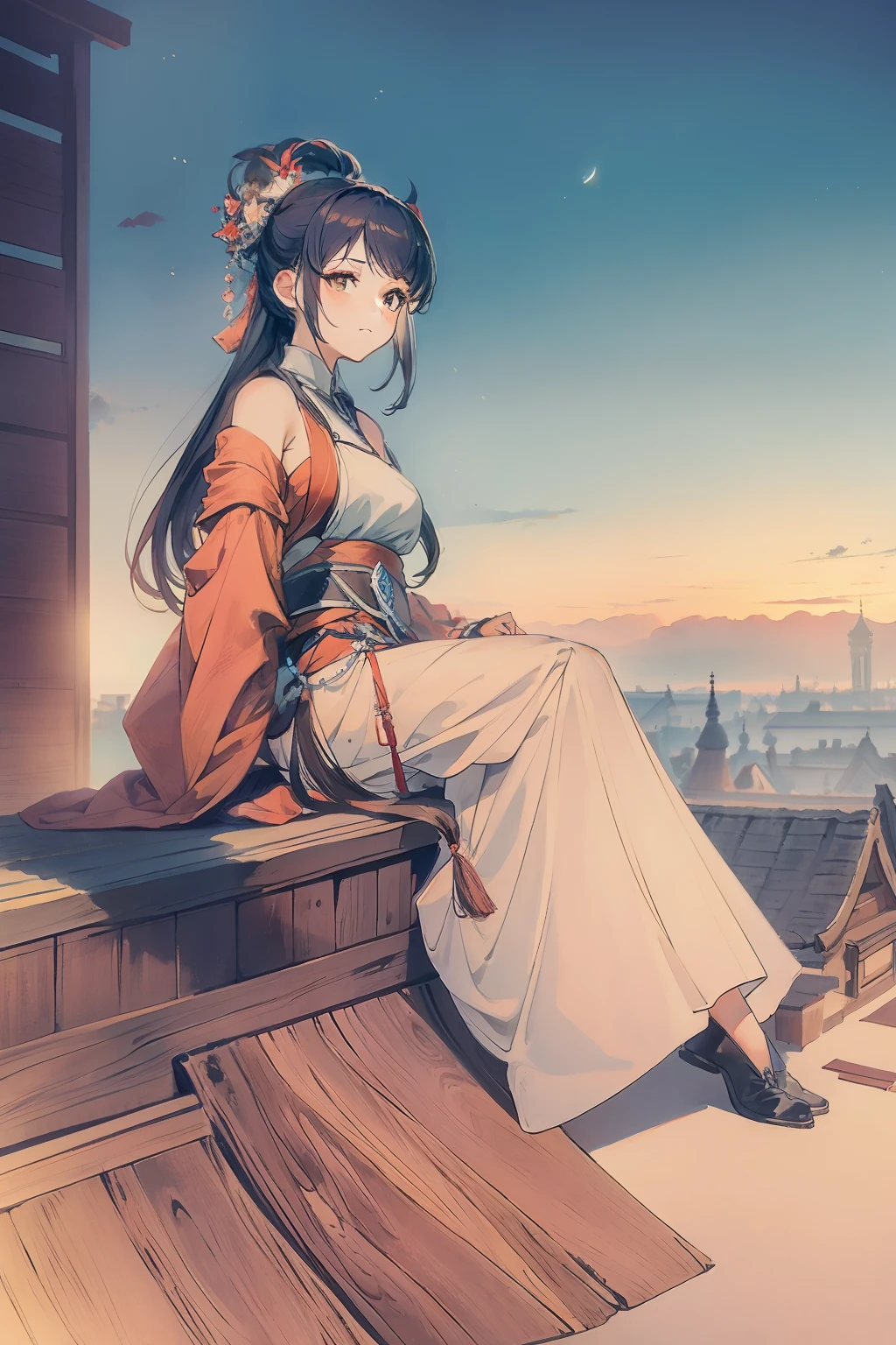 1 girl outdoors, late, starrysky, in a panoramic view, scenecy, horizon, the roof, sitting on rooftop, ventania
