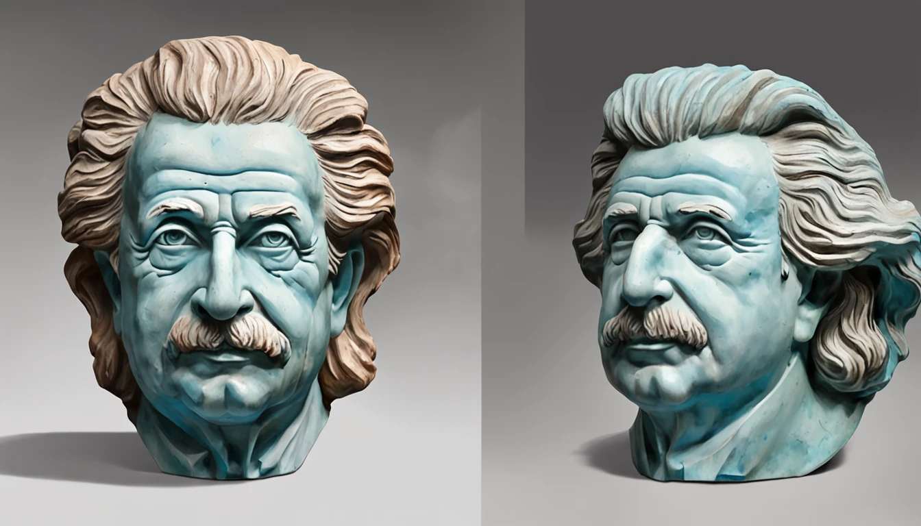 Prompt:criar um retrato de Albert einstein, olhar escultura, cobre oxidado, turquesa e argila, baixo relevo, White Marble, Escultura romana e grega, azul escuro, fundo quadrado liso e limpo, straight head, erigir, imagens orientalistas, folhas de argila no fundo - Imagem