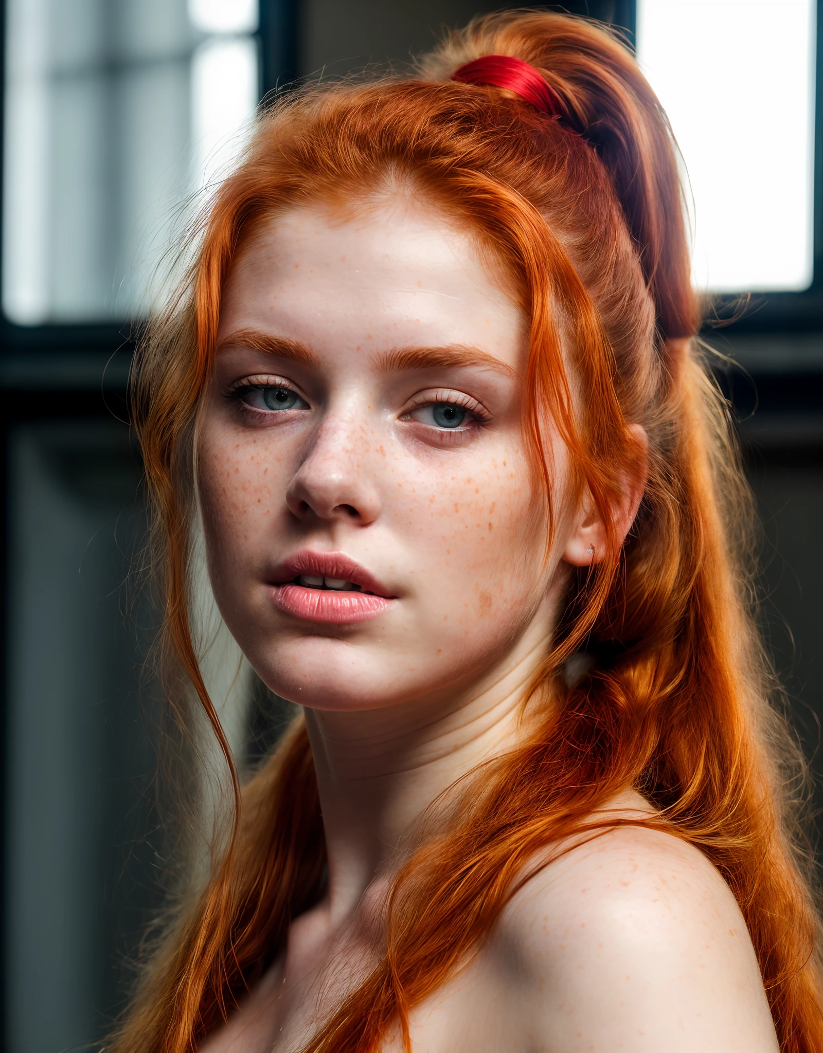 (8k, RAW photo, highest quality),(epic realistic:1.5), a girl, dynamic posture,erotic face,shirt,(detailed eyes:0.8), (highest quality), (best shadow),intricate details,cinematic,((skin:1.4)),interior, (long ponytail ginger hair:1.3),dark studio,(hdr:1.5),detailed, muted colors, frecklesTop quality, (bright lighting: 0.7), masterpiece, RAW photo (pale 20-year-old woman, looking down at the viewer), cute, (undressed, disheveled, with curly ginger matted hair), (sitting), full-length portrait, perfect face, captivating eyes, bright details, pouting lips, (high skin detail), freckles, medium breasts, hard nipples, NSFW (blue tint: 0.6), (dirty: 0.8), (bloody: 0.7), Key lighting, (backlight: 0.5), medium depth of field, Canon 5D, 50mm lens, f/4 aperture, (ultra-detailed, complex detail), sharp focus, 8k, absurd, 8mm film grain,flirting with camera