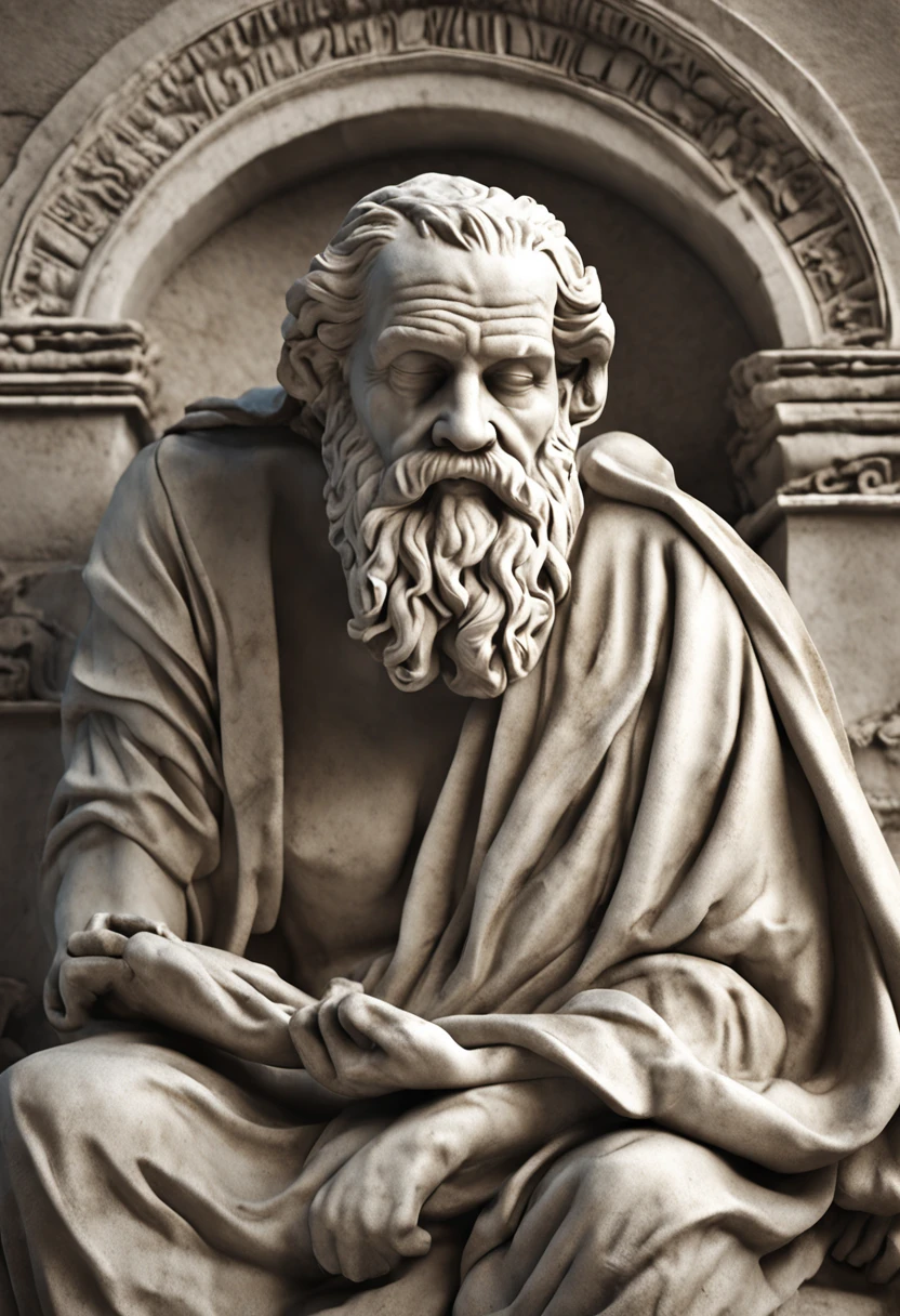 Evoking an image, vivid, from the annals of my mind. Envisage a scene, shaped in the time of Socrates, a realm of powerful thoughts and Hellenic philosophies. There he is, a wise old man, gathered under a cloak that harks back to ages past, its folds meticulously arranged to evoke echoes of historical authenticity. This sage's eyes, twin sockets of depth, remain enmeshed in the earth. The image, and the very posture of this sage, are intrinsically linked to the tradition and antiquated doctrines of historical philosophy. As the figure rests in the pale light, the shadows it casts converge in an ominous union, conspiring to form an atmosphere filled with enigma, enveloping the scene in a mantle of deep introspection, 8k resolution image, 3d.