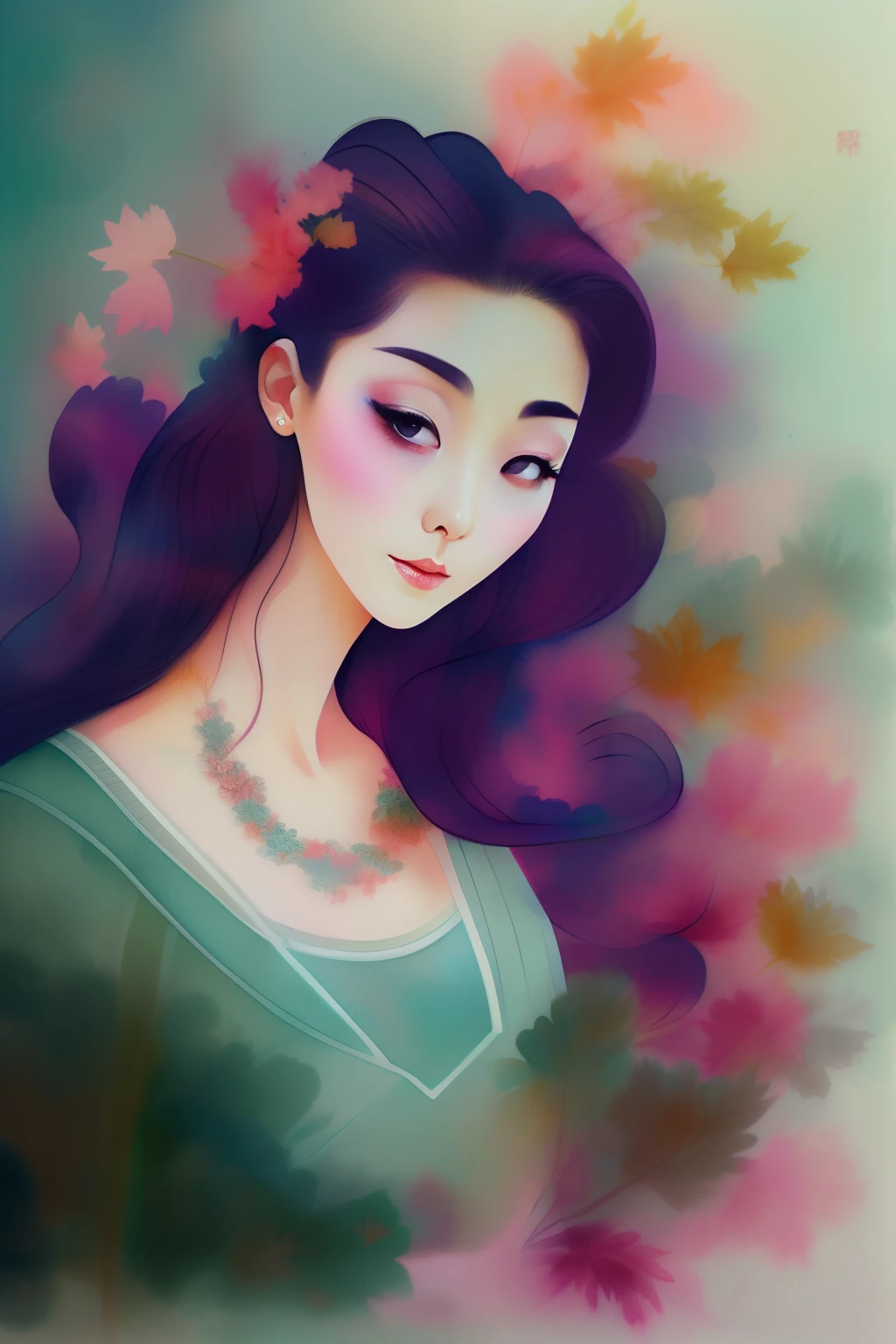 A woman like Fan Bingbing，Luminous design，pastelcolor，Ink drops，Autumn lights