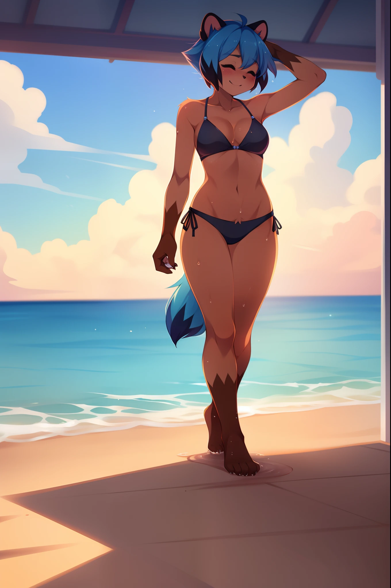 michiru_kagemori, michiru, wearing black bikini, by fumiko, by teranen, by hyattlen, 1girl, solo, good anatomy, cute face, cute body, barefoot, humanoid feet, black toe claws,walking, at the beach, eyes closed, cute small Tanuki tail, mouth open, wet body, soaked