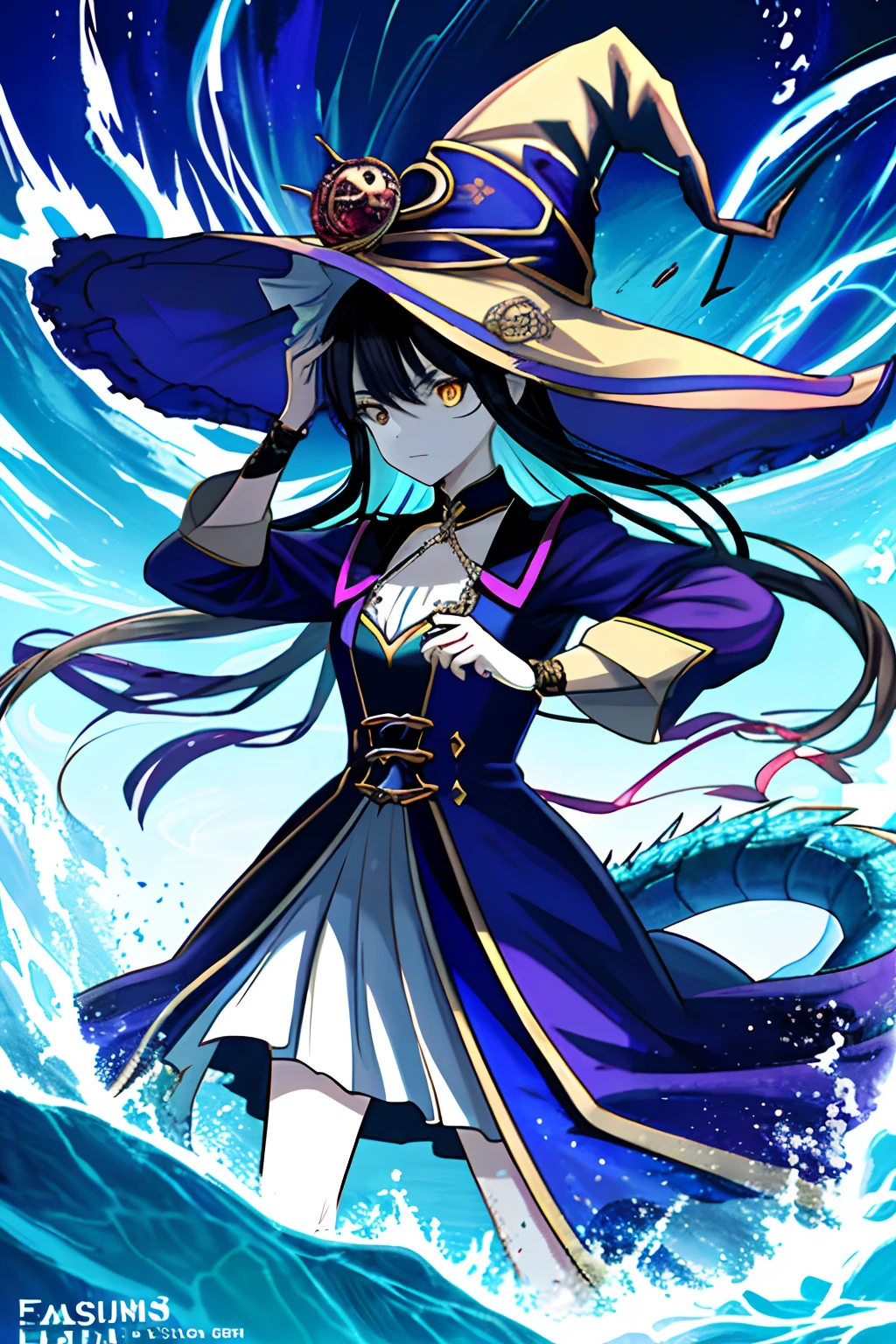 ((((dramatics))),(((grittiness))),(((furious)))Bright colors,Magic background,loong background,water background,the sky background,2girls,Witch hat,Dragon horn,is very beautiful,Dress conservatively,Fighting posture。The color palette is predominantly dark,With bright colors,Give the poster a dynamic and visually striking look,tachi-e (Magazines:1.3),(Cover style:1.3),Fashionab,woman,with dynamism,garments,posing on a,frontage,rich colourful,dyna,Background with,element in,self-assured,Expressing the,halter,statement,Accessories,A majestic,coil,Runt,Touching pubic area,Scenes,text,Cover of a,Bold,attention-grabbing,titles,Fashionab,typeface,Catchy,titles,more big,attention-grabbing, modern day, Fashionab, focal, Fashionab,