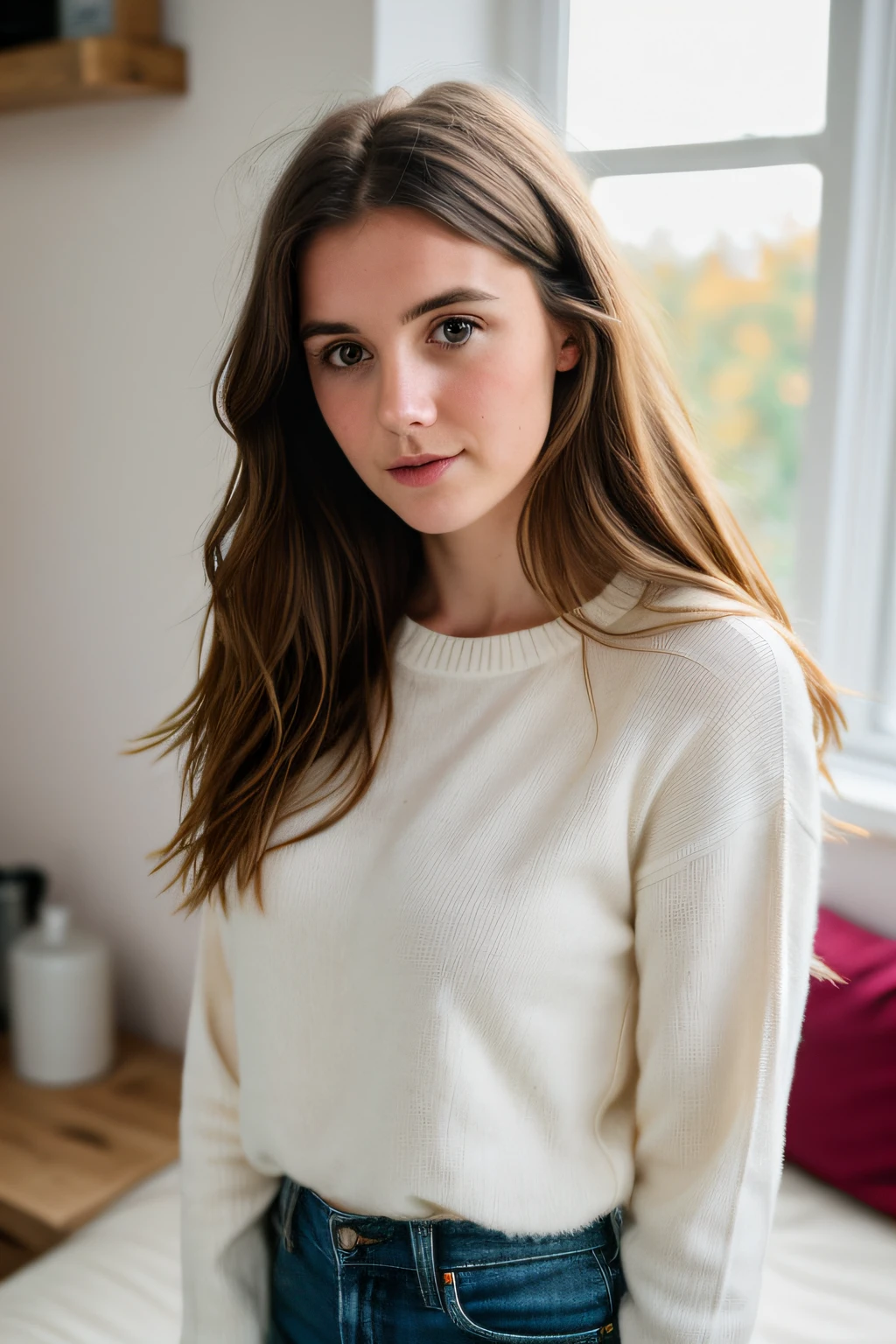 RAW photo, 24 year old Welsh woman, casual clothes, messy hair, slim build, at home, shallow depth of field, (high detail skin: 1.2), 8k uhd, DSLR, soft light, high quality, film grain, 20mp, Fuji XT3 , 80mm, Hasselblad